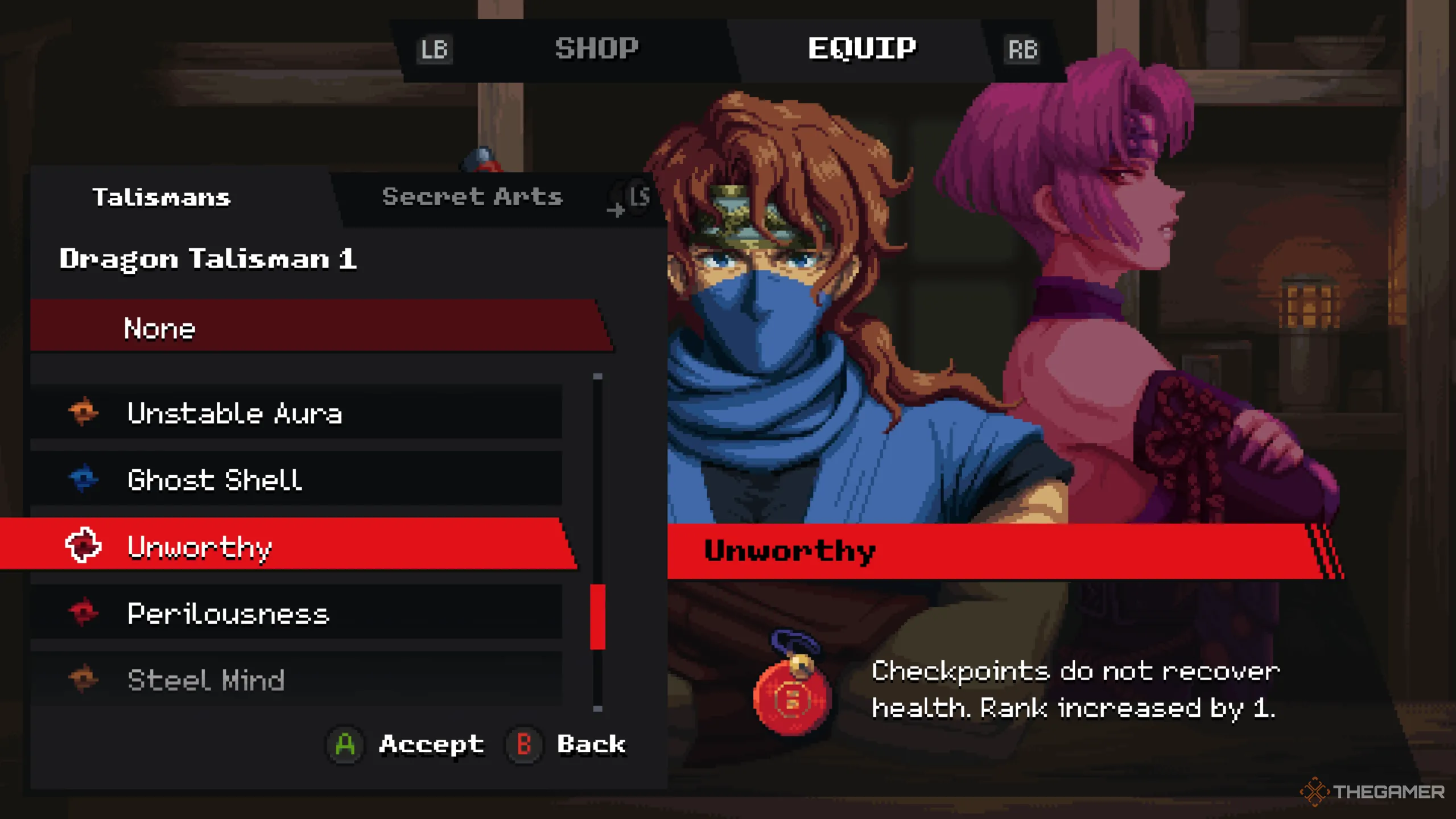 Kenji tại Cửa hàng Muramasa trong Ninja Gaiden: Ragebound, đang chọn 'Unworthy Talisman', một cổ vật thử thách bản lĩnh bằng cách vô hiệu hóa hồi phục máu tại điểm kiểm soát.