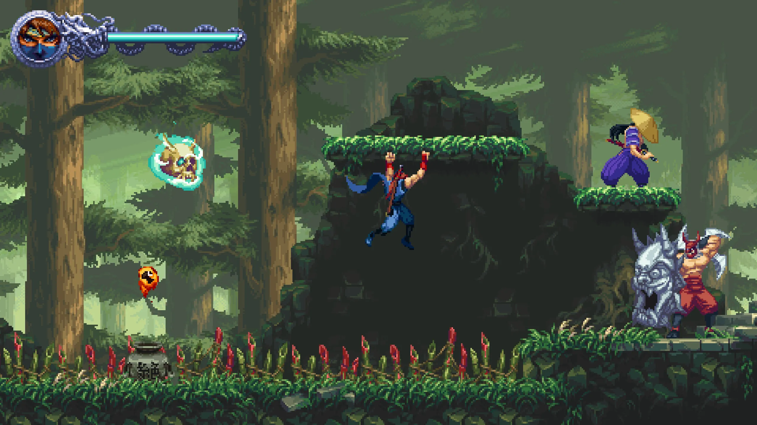 Kenji thực hiện một pha leo trèo khéo léo giữa khu rừng trong Ninja Gaiden: Ragebound, thể hiện kỹ năng di chuyển linh hoạt và khả năng vượt địa hình phức tạp của nhân vật trong game 2D side-scrolling.
