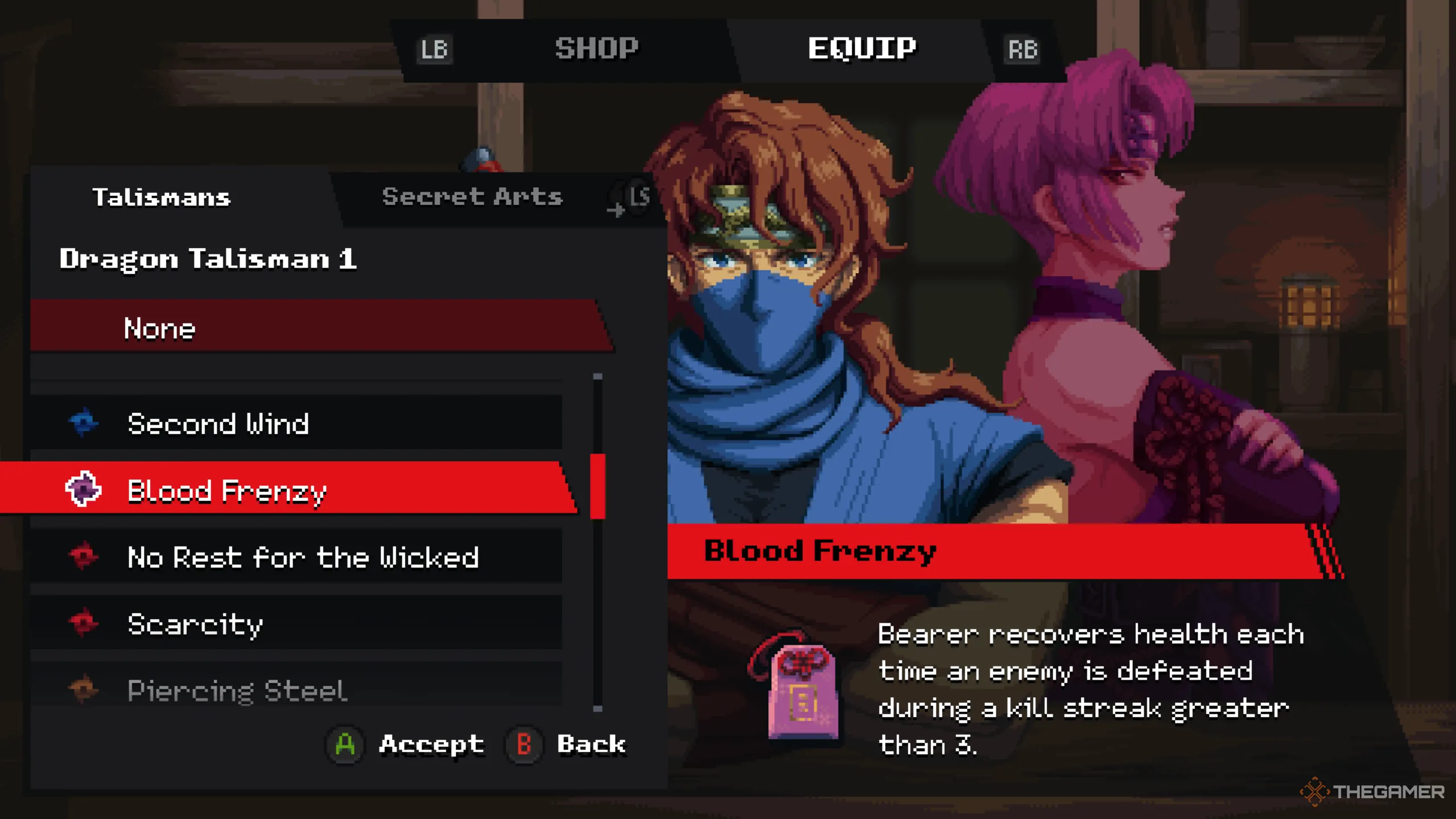 Kenji trang bị 'Blood Frenzy Talisman' trong Ninja Gaiden: Ragebound, một bùa hộ mệnh giúp phục hồi sinh lực từ cơn cuồng nộ sát thương sau chuỗi liên hoàn đòn.