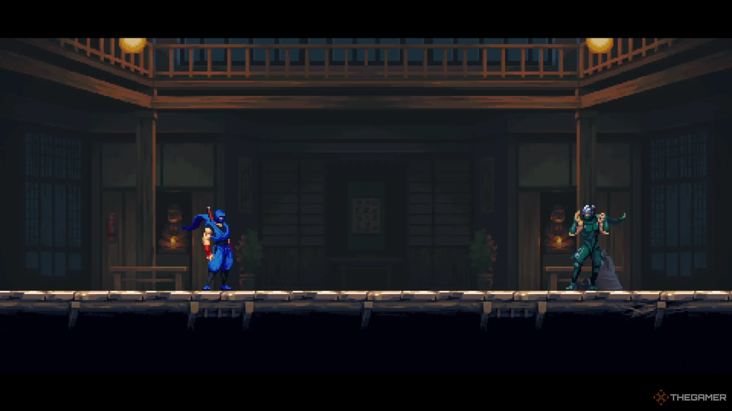 Kenji và Ryu, hai thế hệ ninja đối đầu trong thử thách "Ryu's Test" của Ninja Gaiden: Ragebound, biểu tượng cho sự kế thừa và vượt ngưỡng.