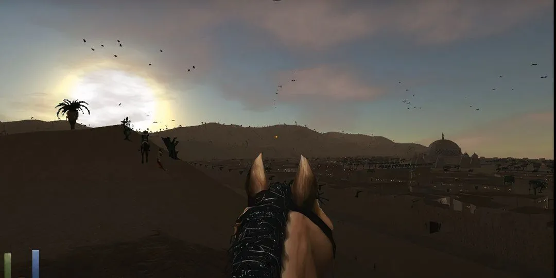 Khung cảnh nhìn ra thành phố Sentinel trong Daggerfall, với kiến trúc sa mạc đặc trưng của Hammerfell.