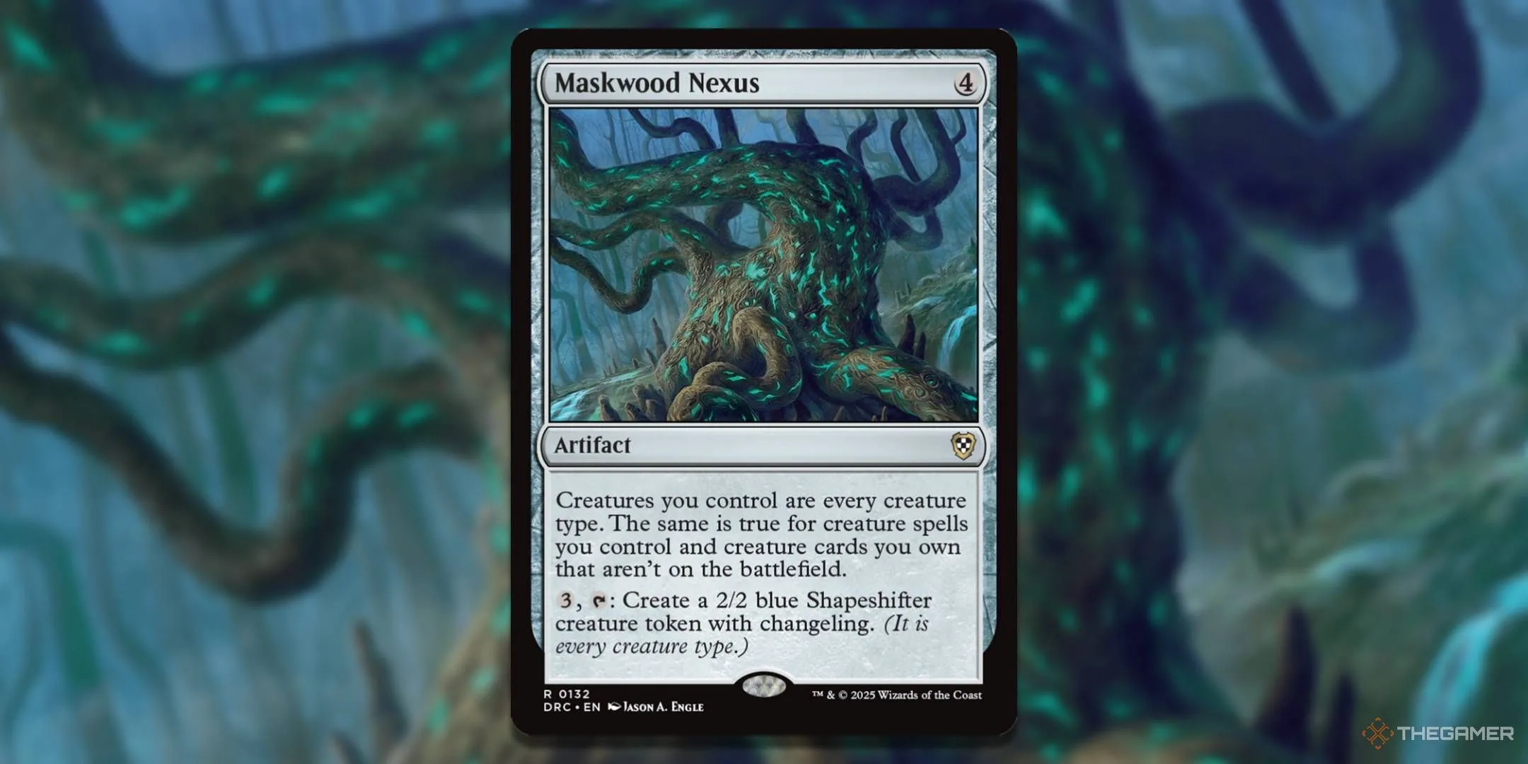 Lá bài MTG Maskwood Nexus với hình minh họa ở phía sau, biểu tượng cho việc gỡ bỏ rào cản giữa các loại quái vật.