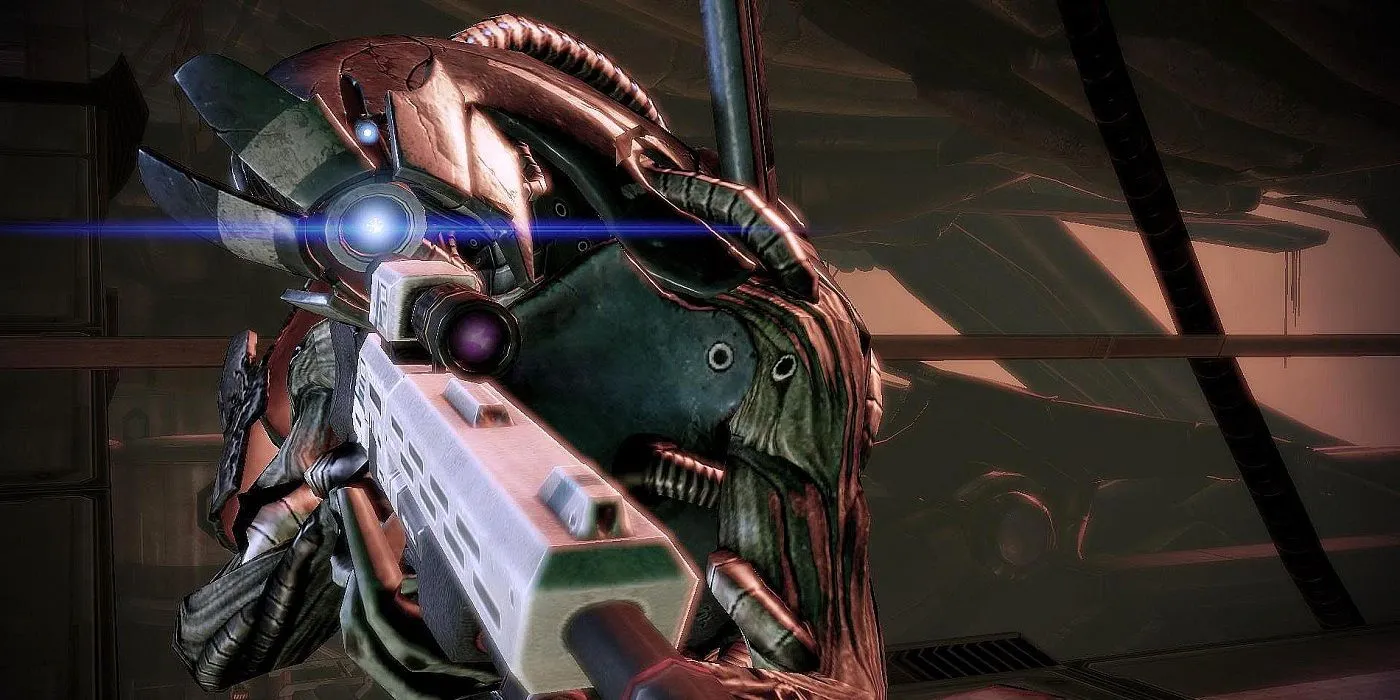 Legion, thành viên Geth bí ẩn với kỹ năng thiện xạ xuất sắc, đang ngắm bắn trong Mass Effect 2.