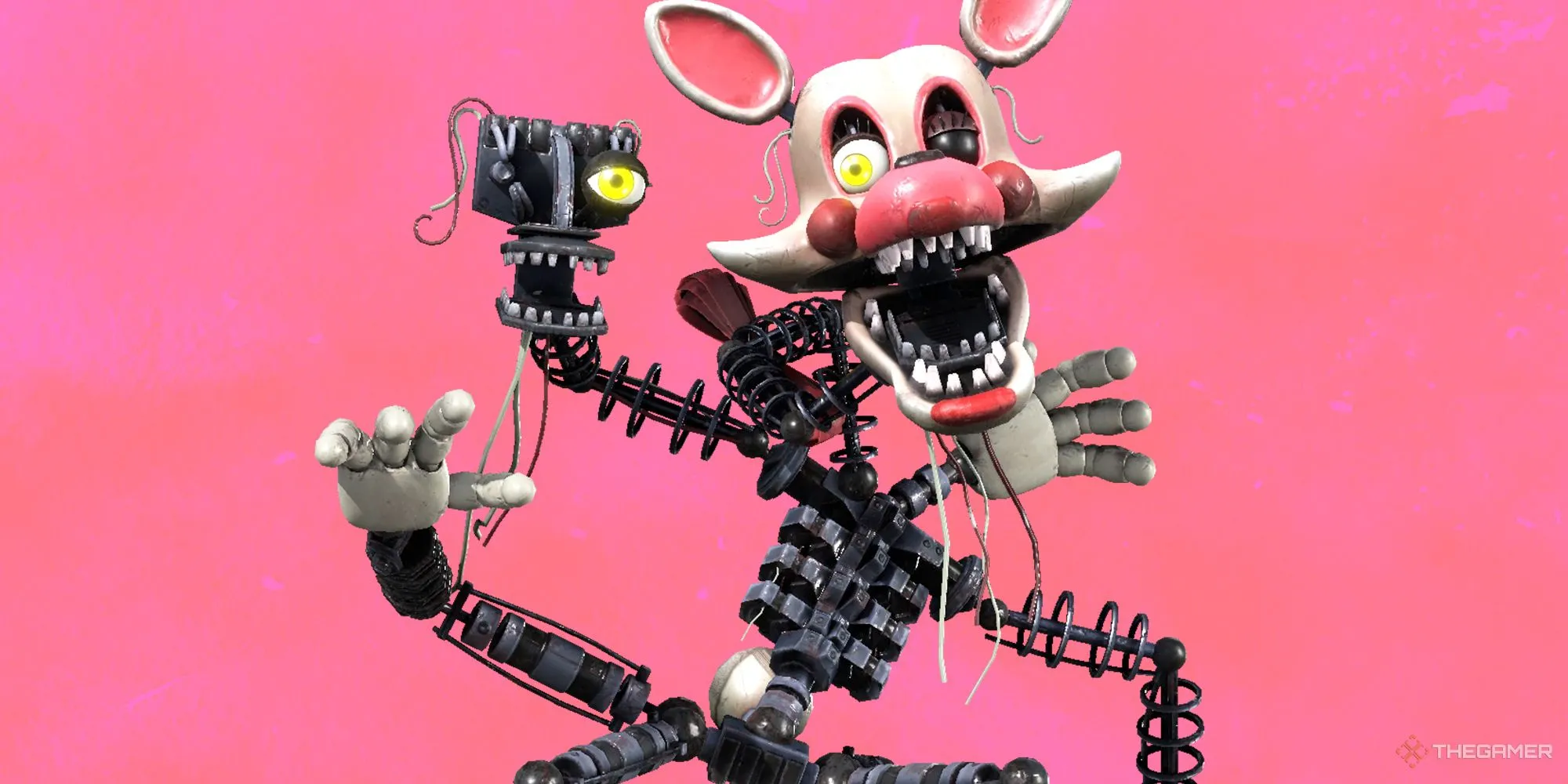 Mangle, nhân vật animatronic phức tạp từ series game Five Nights at Freddy's, nổi bật trên nền hồng, gợi cảm giác kinh dị và bí ẩn.
