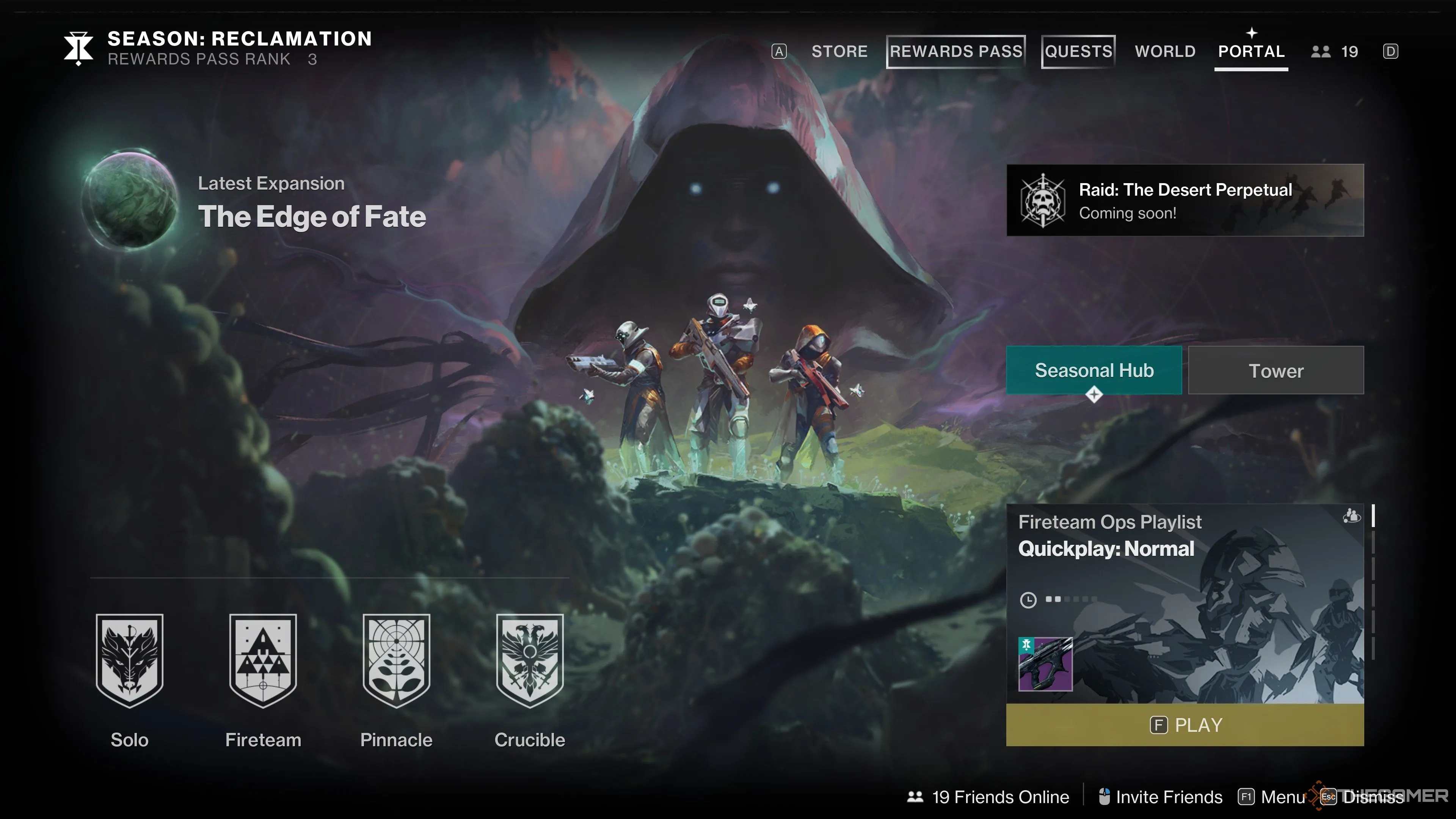 Menu Portal của Destiny 2, nơi Vệ Thần tìm kiếm các hoạt động để tăng cấp độ sức mạnh thưởng mùa giải.