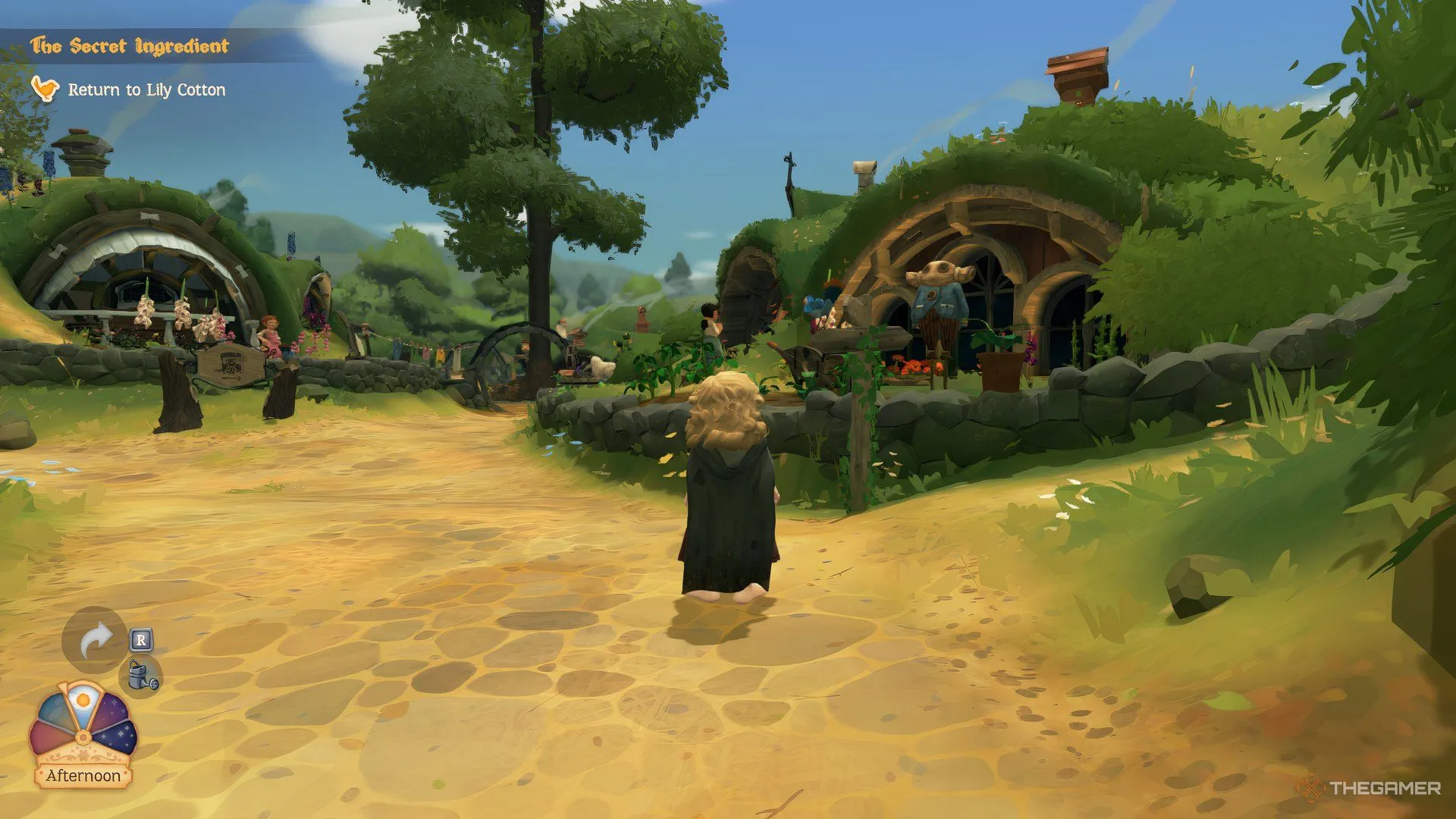 Một chú chim đậu trên biển báo ở Tales of the Shire, tượng trưng cho hệ thống dẫn đường tự nhiên trong game.