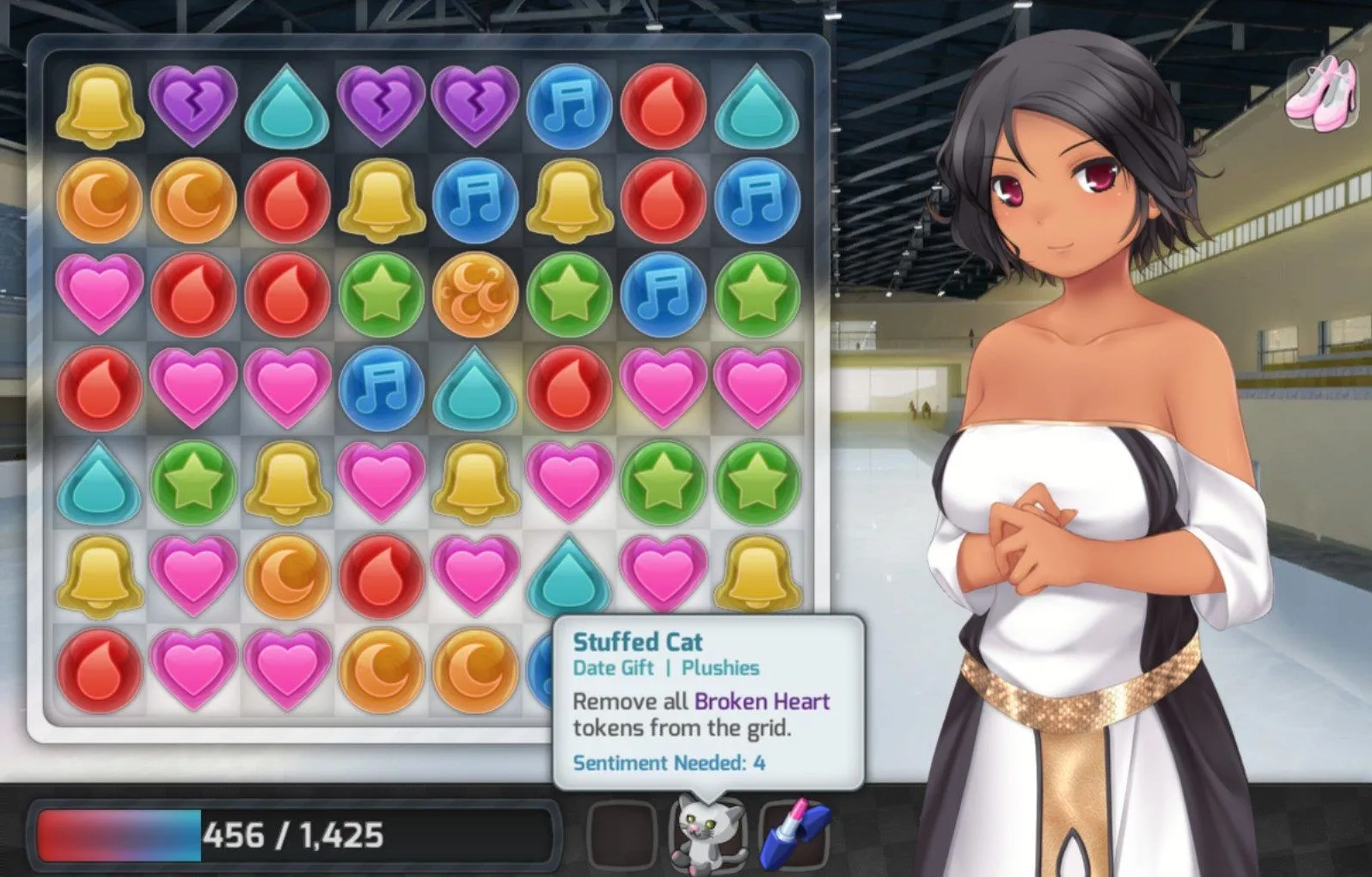 Một giao diện trò chơi giải đố kết hợp hẹn hò, minh họa phong cách game người lớn thường gặp trên các nền tảng như Steam và Itch.io