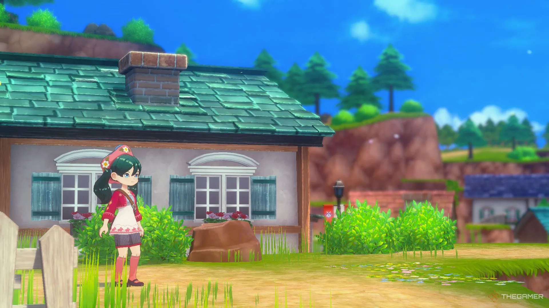 Nhân vật người chơi đứng trước nông trại của mình trong Story of Seasons Grand Bazaar, khung cảnh làng Zephyr thanh bình.