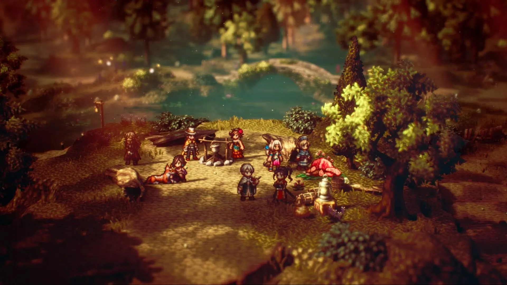 Nhóm nhân vật chính trong Octopath Traveler 2 thể hiện rõ phong cách đồ họa HD-2D độc đáo với sự kết hợp giữa pixel art cổ điển và hiệu ứng ánh sáng hiện đại.