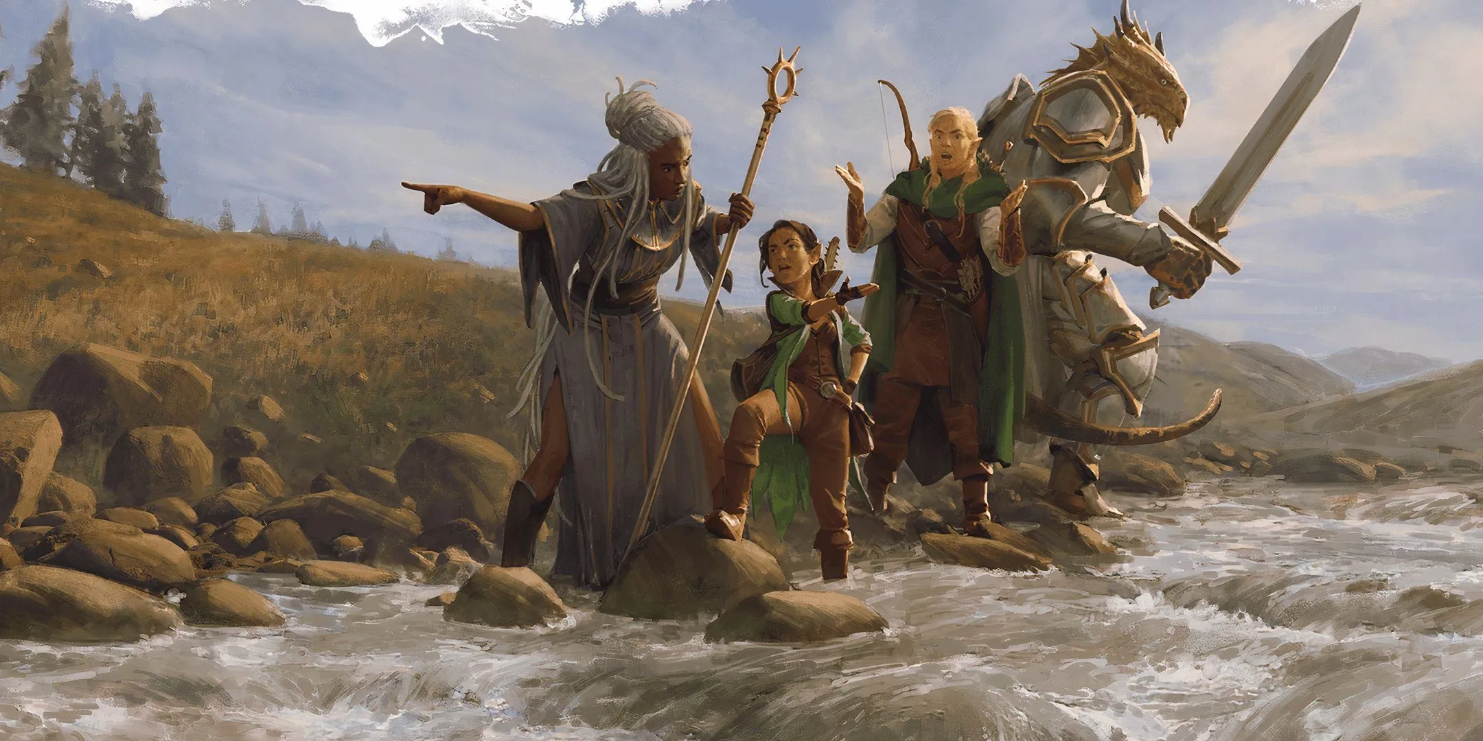 Nhóm thám hiểm gồm Dragonborn, Elf, Gnome và người thường đang vượt sông, biểu trưng cho sự thích nghi và chấp nhận những bất toàn trong quá trình chơi Dungeons &amp; Dragons