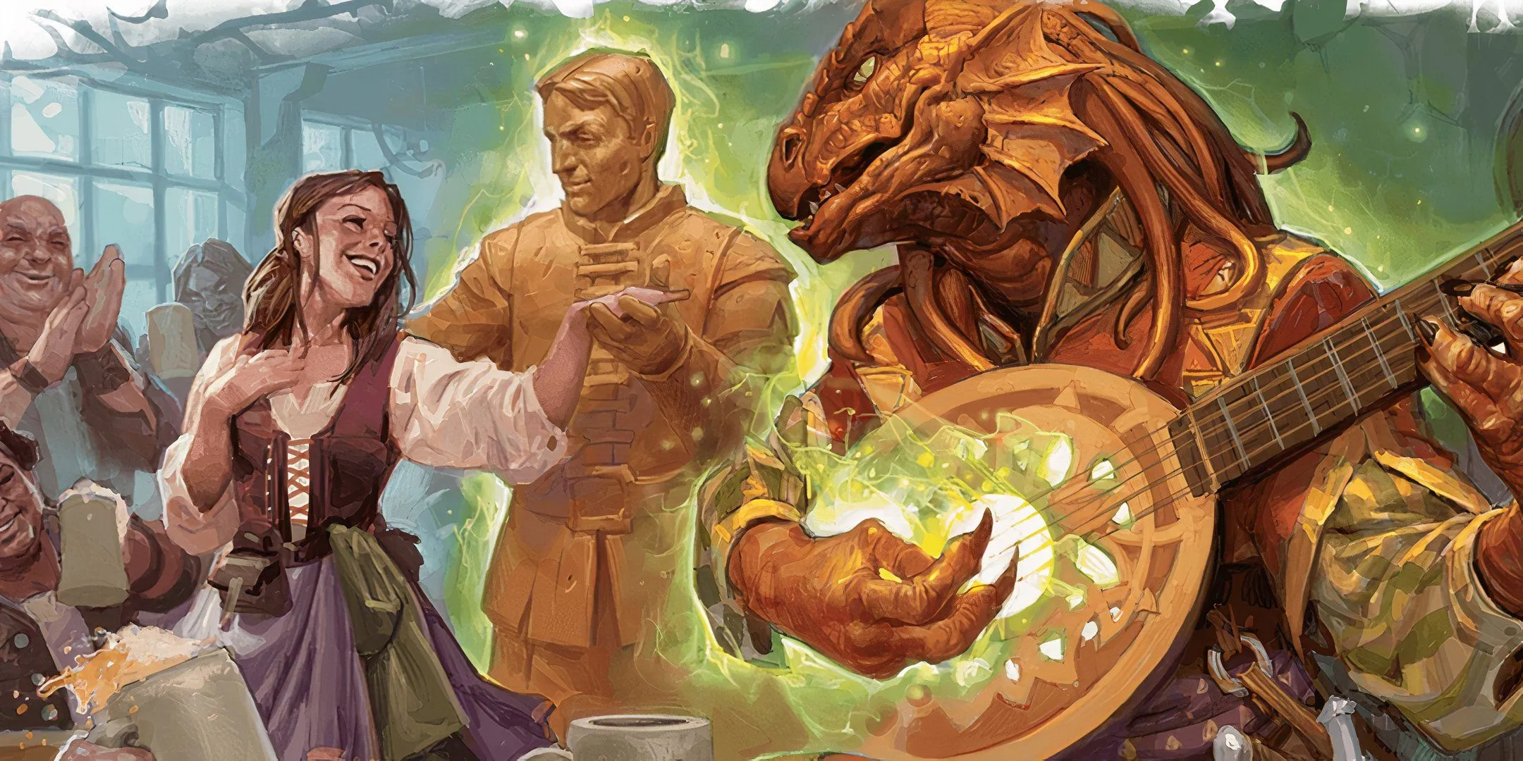 Nữ Dragonborn Bard dùng phép thuật lên một nhân vật khác, minh họa sự phức tạp của luật chơi Dungeons &amp; Dragons cần người chơi hỗ trợ DM