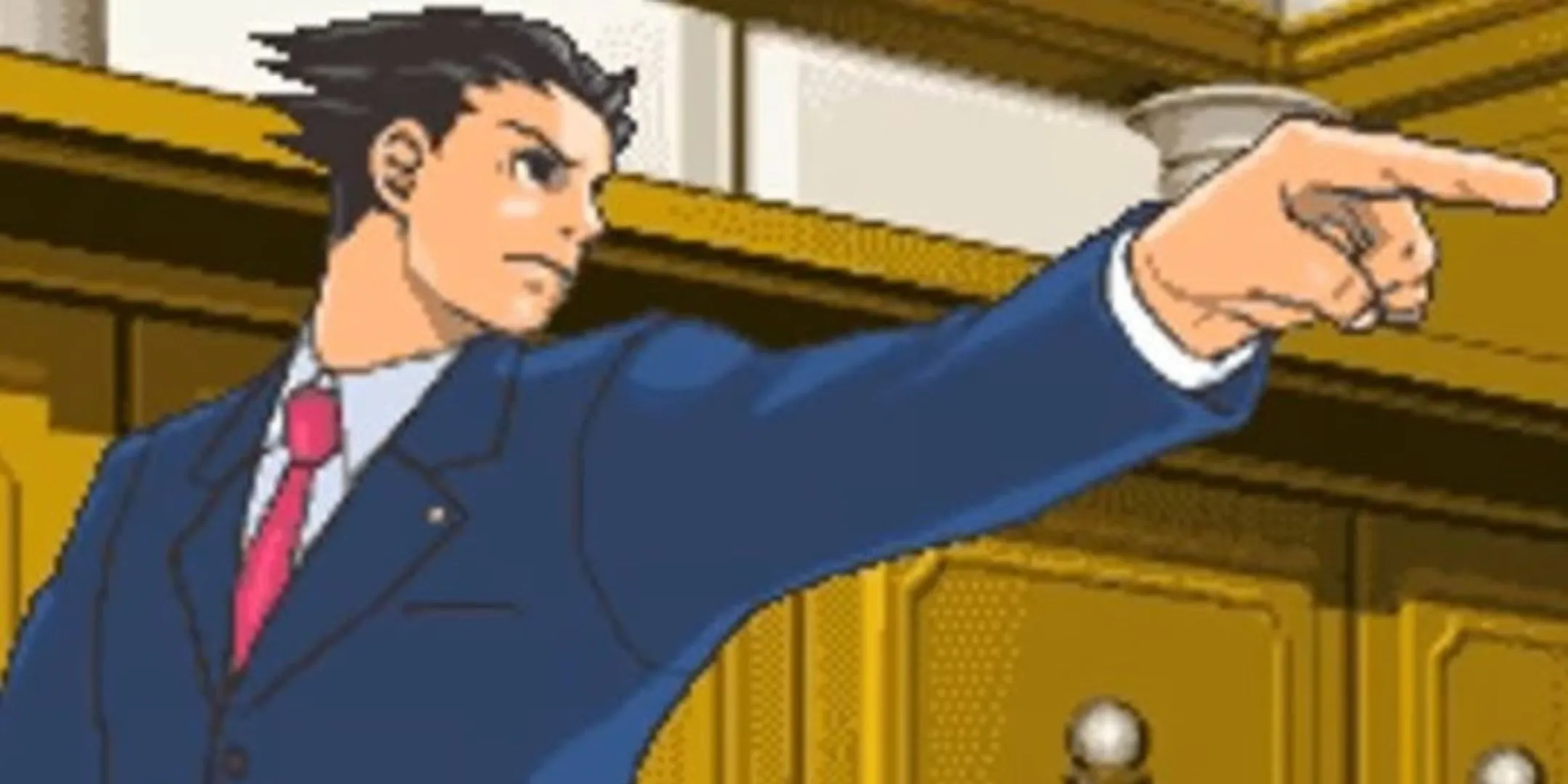Phoenix Wright chỉ tay trong phiên bản DS của Ace Attorney, minh họa cho những mối quan hệ tình cảm kỳ lạ nảy nở trong môi trường pháp lý căng thẳng.