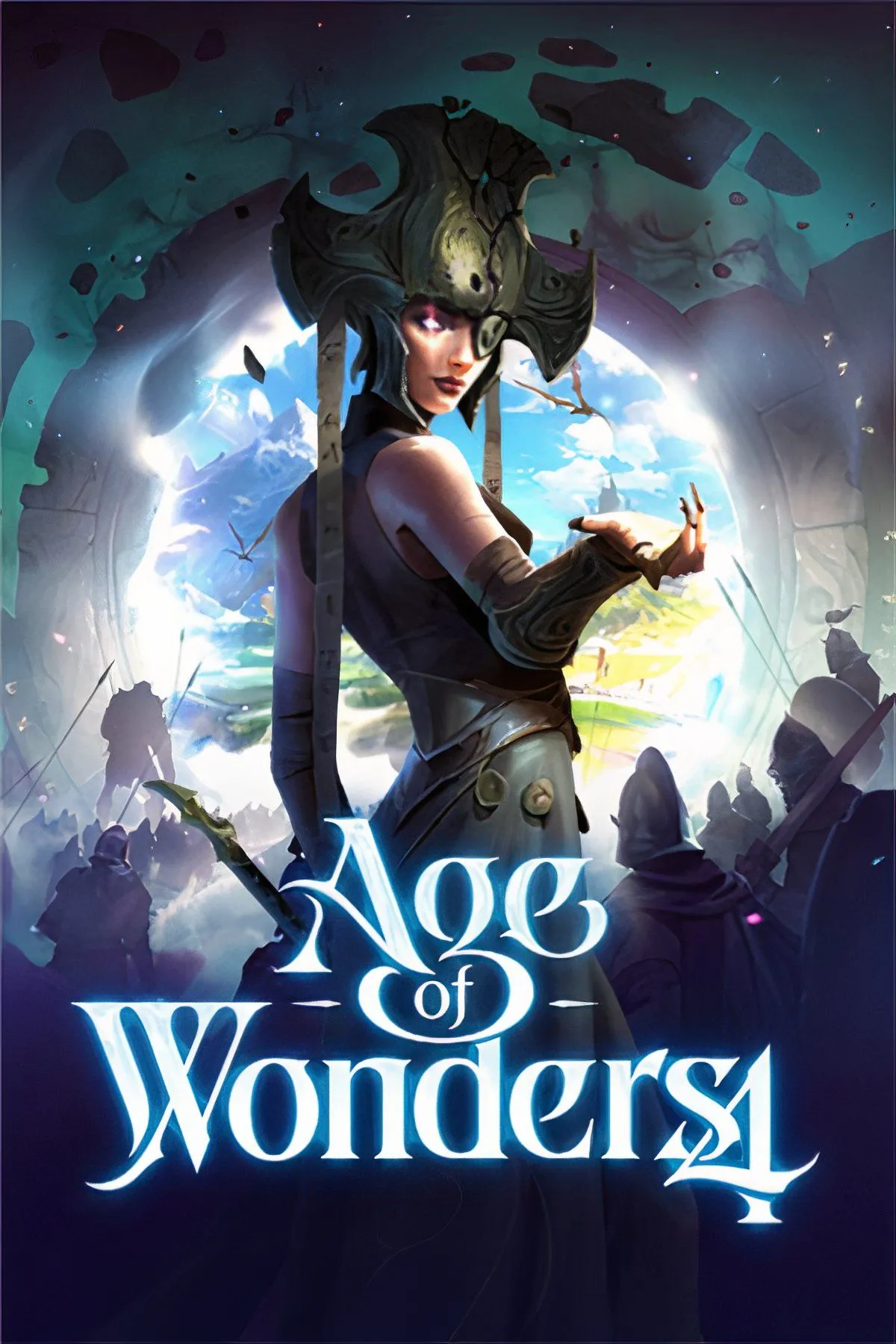 Phong cảnh kỳ ảo trong Age of Wonders 4 với kiến trúc hùng vĩ và đơn vị quân đội đang di chuyển qua vùng đất phép thuật