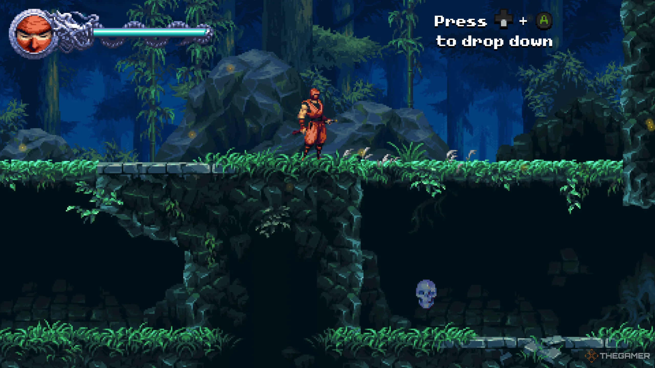 Ryu Hayabusa đứng bên trái vị trí chỉ dẫn lần đầu tiên thả mình xuống vực trong Ninja Gaiden Ragebound.