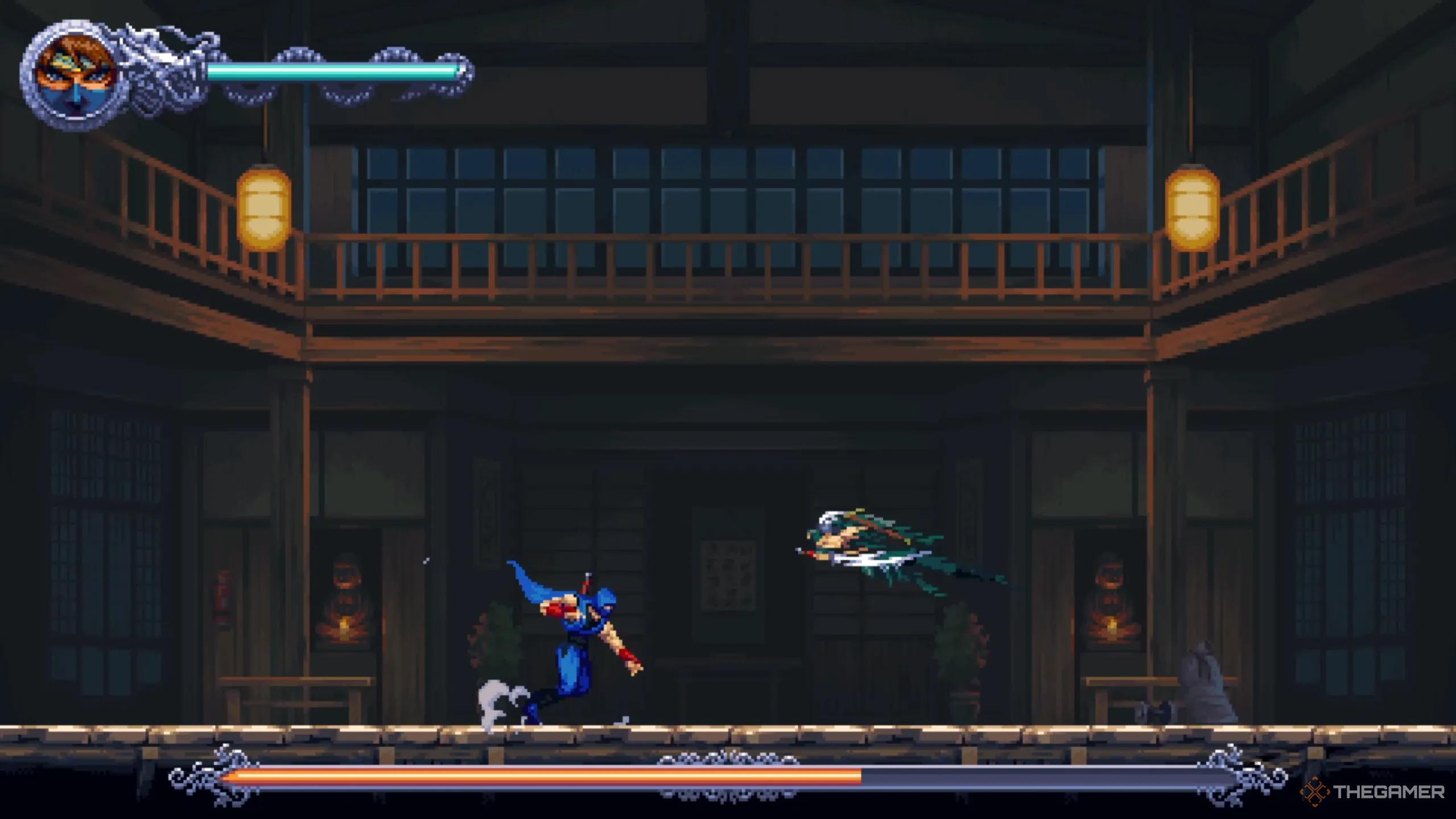 Ryu Hayabusa thi triển Phi Yến, đòn thế kinh điển biến ảo tốc độ trong Ninja Gaiden: Ragebound, buộc Kenji phải né tránh khéo léo.