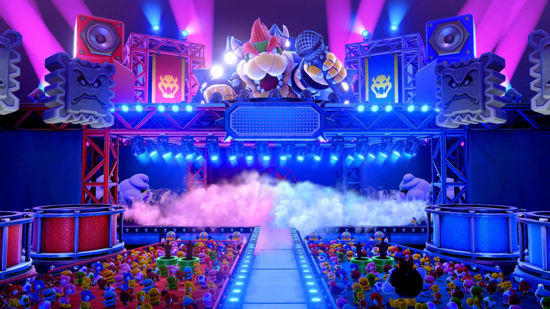 Sân khấu Bowser Live rực rỡ trong Super Mario Party Jamboree Nintendo Switch 2 Edition, nơi người chơi tương tác với Bowser qua các minigame và công nghệ Joy-Con 2.