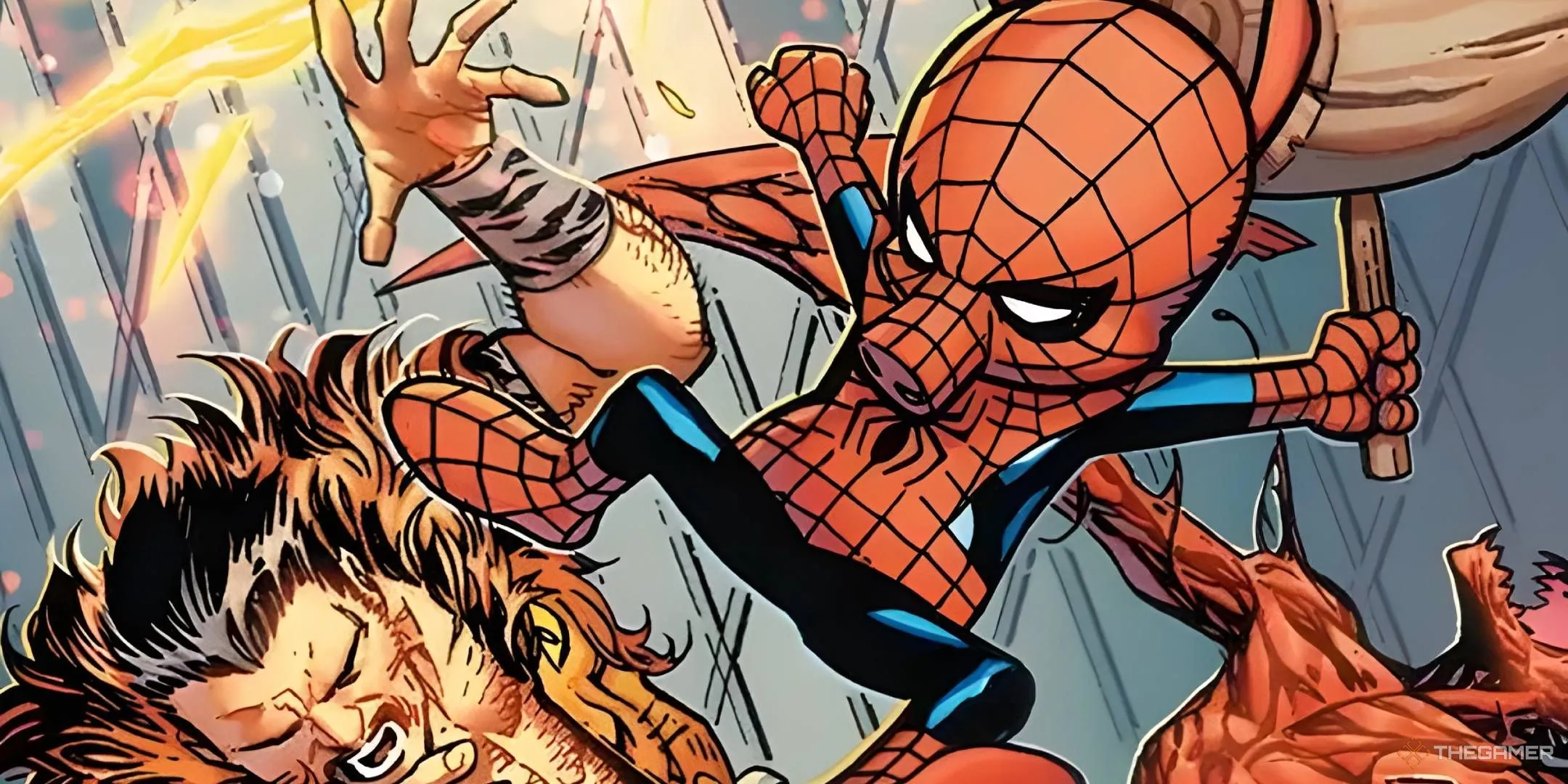 Spider-Ham trong tư thế đá Kraven, the Hunter với búa tạ trên tay, biểu trưng cho sự hài hước và mạnh mẽ.