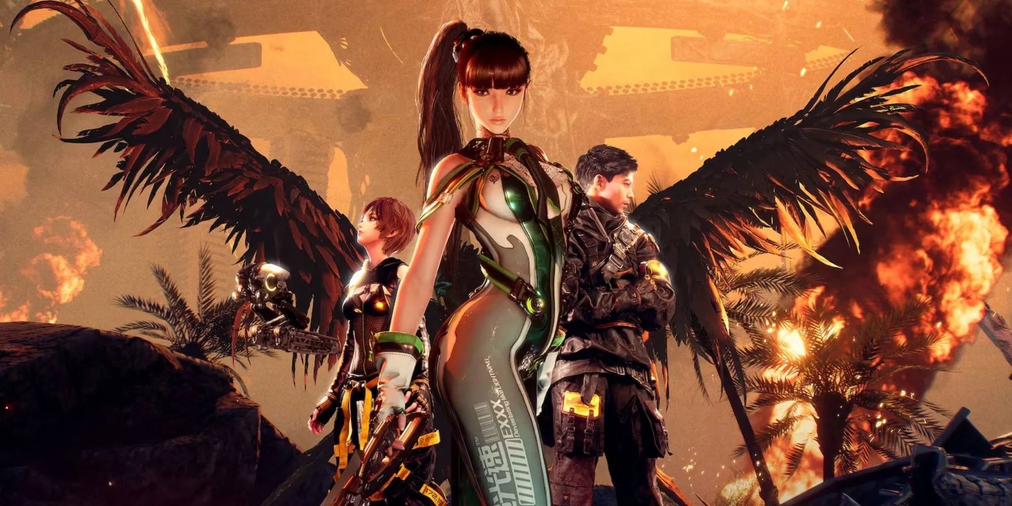 Stellar Blade: Nữ nhân vật chính Eve và đồng đội trong bối cảnh cuộc chiến khốc liệt, minh họa cho sức hút thị giác của game.