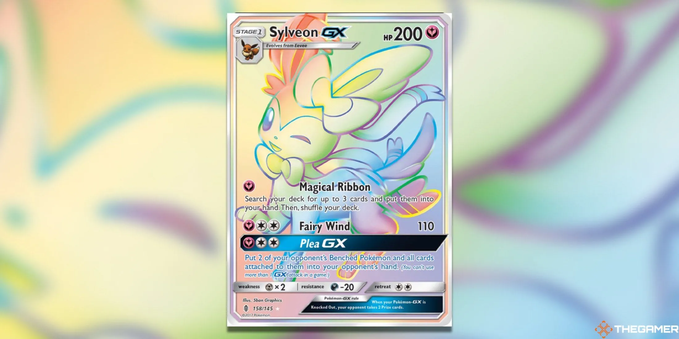Sylveon GX Secret Rare từ Guardians Rising biểu tượng cho sự duyên dáng và quyền năng của chủng tộc Tiên trong Pokémon TCG.