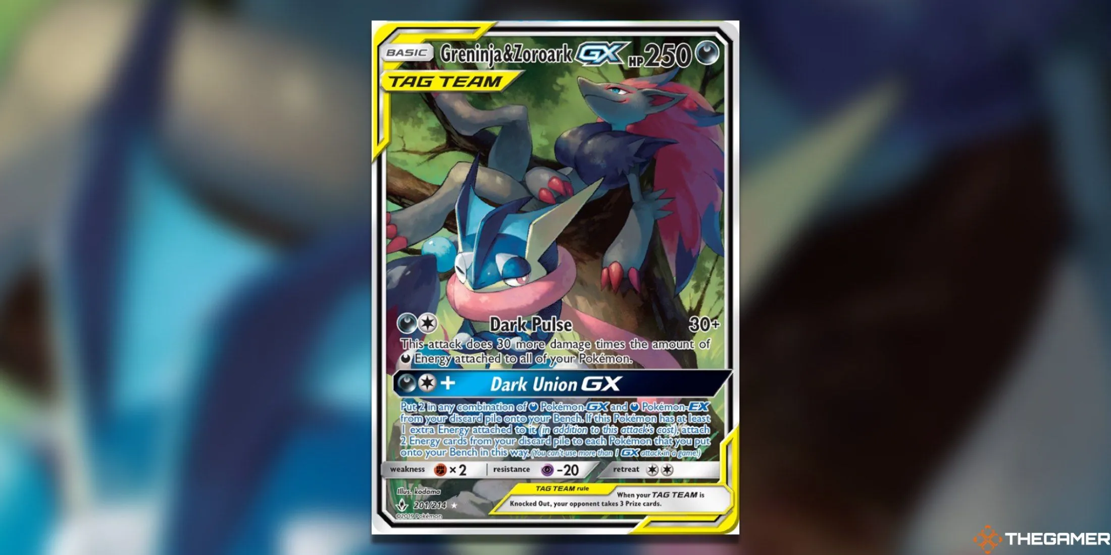Thẻ Greninja &amp; Zoroark GX Alternate Full Art từ Unbroken Bonds, minh họa sức mạnh phi thường của sự hợp tác giữa hai Pokémon mang tính biểu tượng trong TCG.