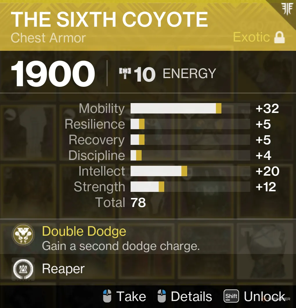The Sixth Coyote với Mobility và Intellect cao trong Destiny 2, minh họa các chỉ số cũ