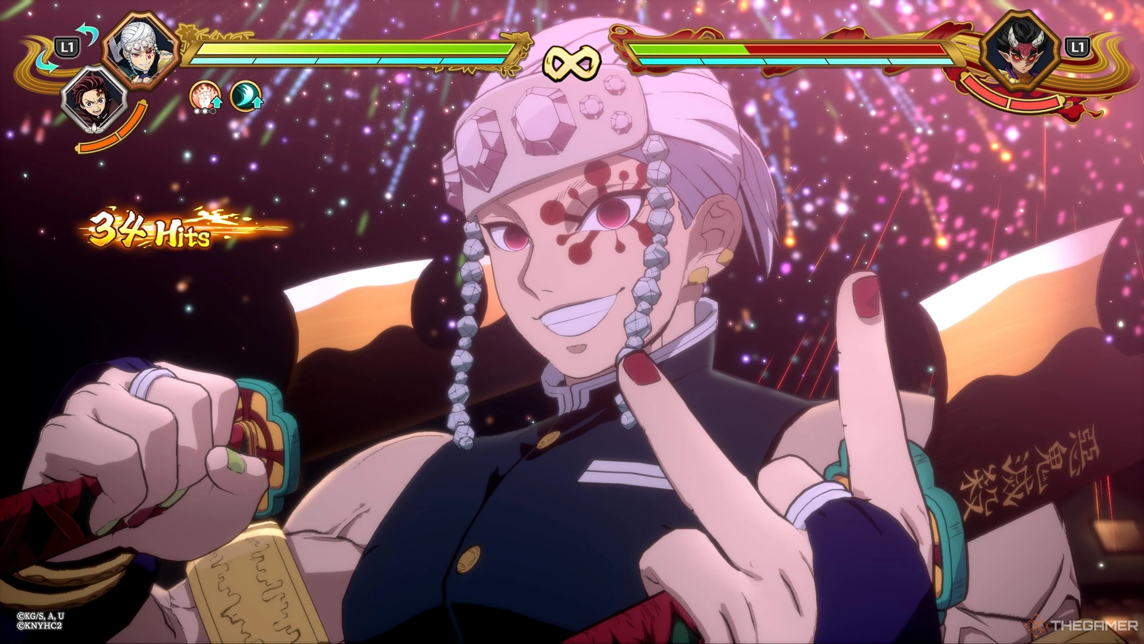 Trụ Cột Âm Thanh Tengen Uzui với kỹ năng chiến đấu hoa mỹ trong Demon Slayer: The Hinokami Chronicles 2, biểu tượng cho đồ họa lộng lẫy và chiến đấu mãn nhãn.
