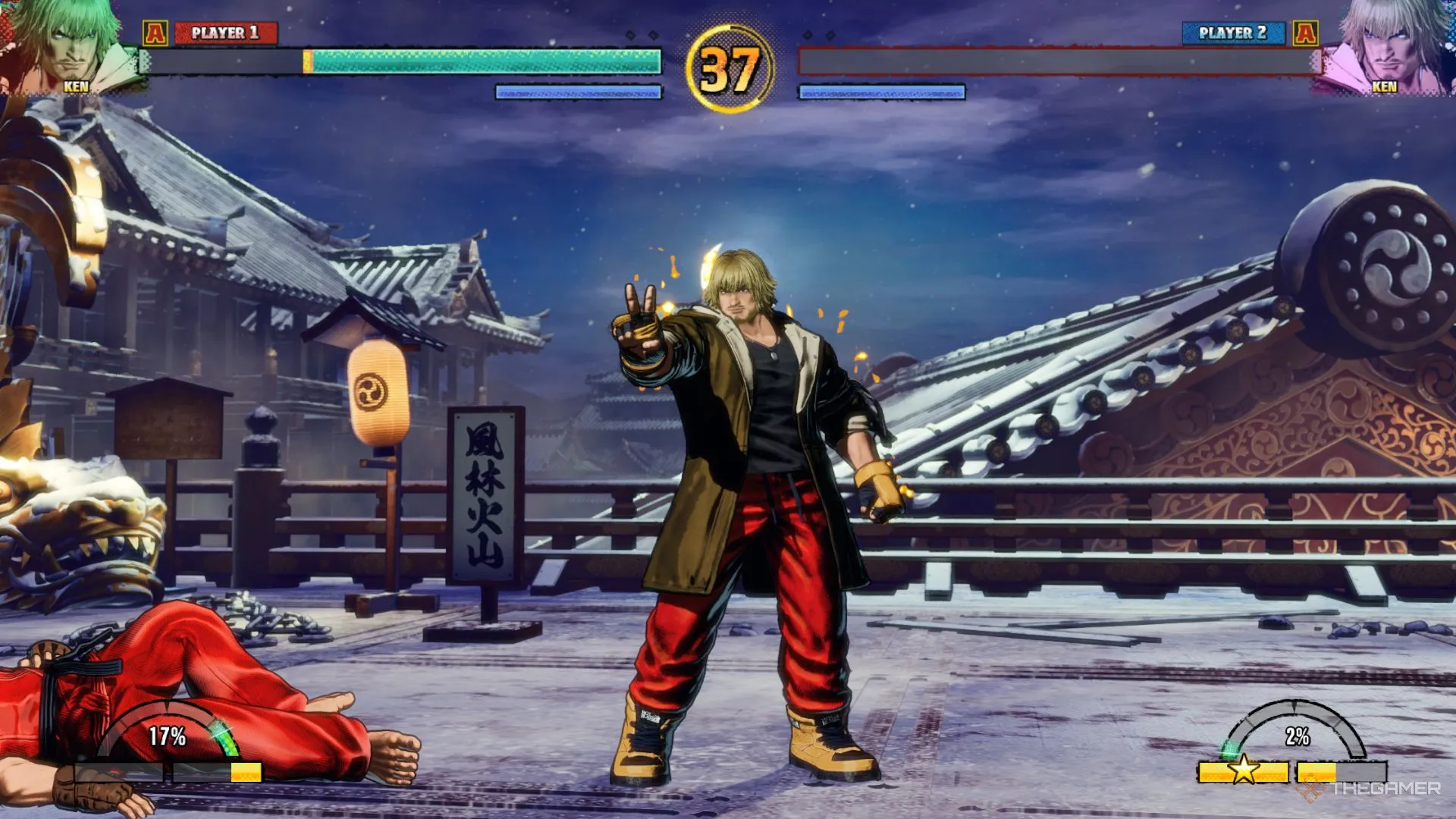 Tư thế chiến thắng đầy tự tin của Ken Masters, biểu tượng của sự thành công và thích nghi trong Fatal Fury: City of the Wolves.