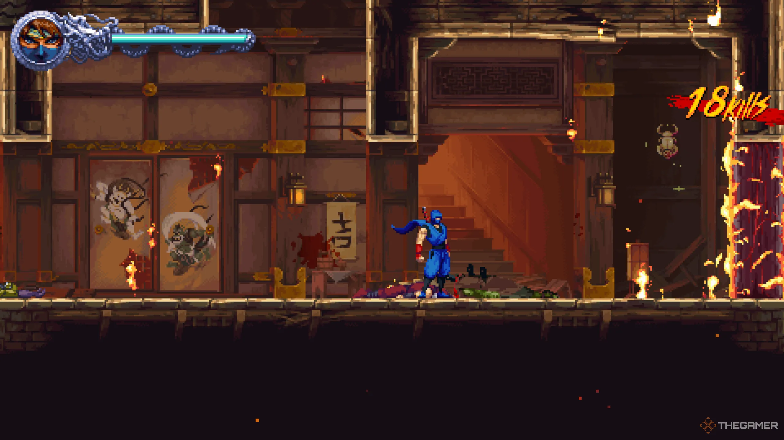 Vị trí Golden Scarab đầu tiên ẩn mình trong căn nhà đổ nát ở màn 1-2 Seized by Dark Forces của Ninja Gaiden: Ragebound.