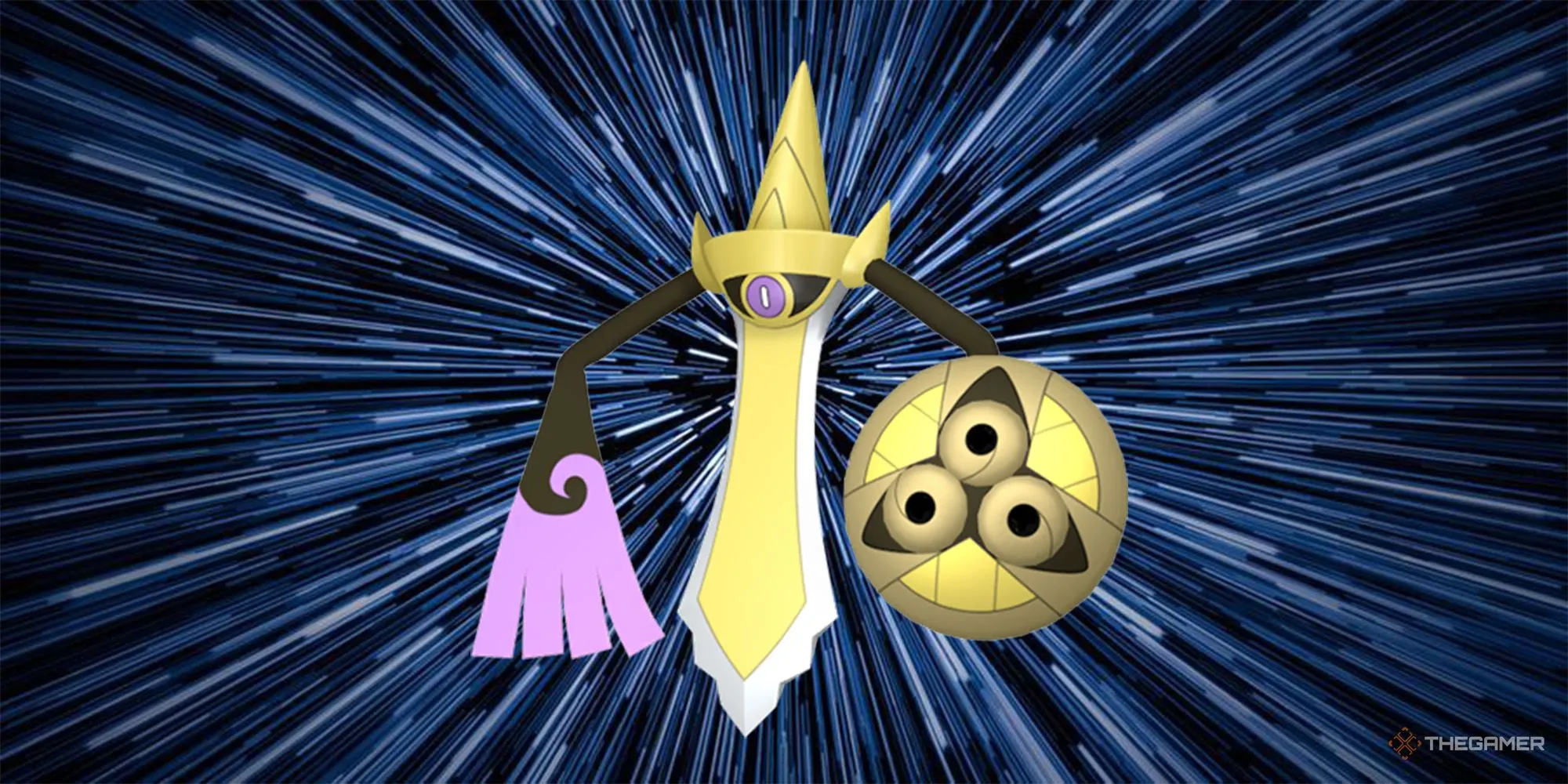 Aegislash trong tư thế tấn công với nền biến ảo