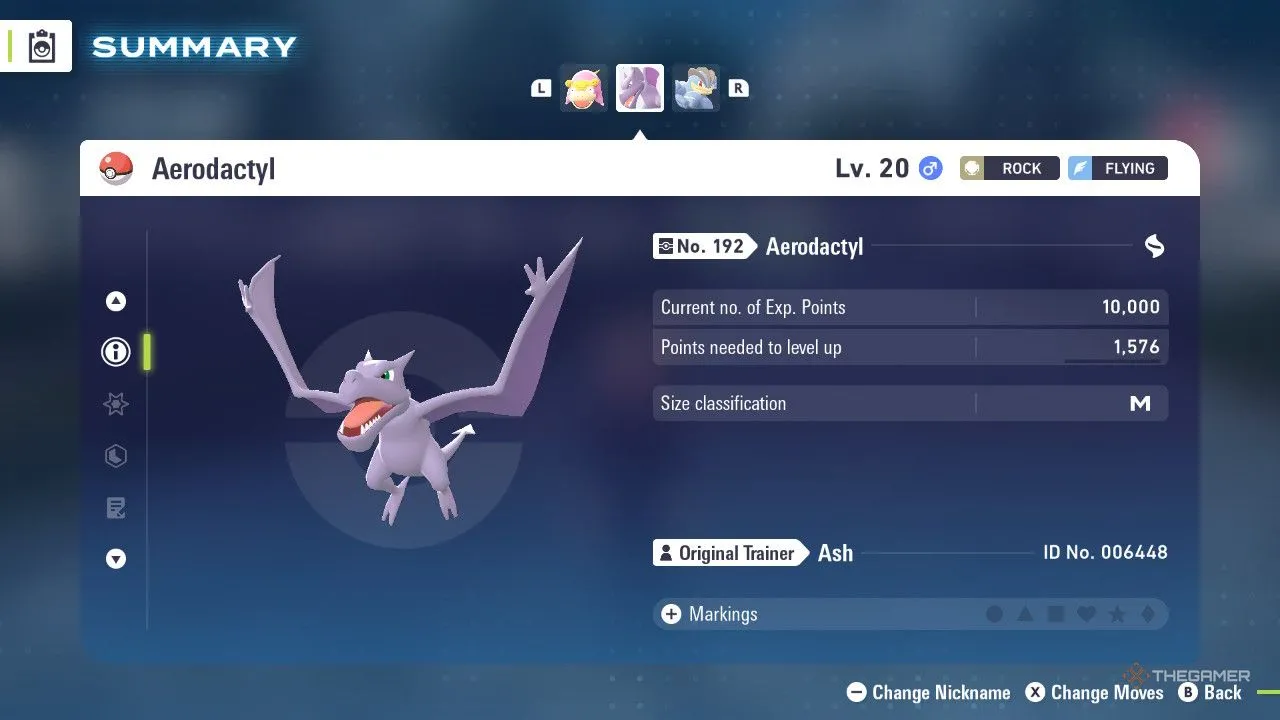 Aerodactyl trong menu của Pokémon Legends Z‑A, minh họa phong cách chiến đấu hệ Bay và Rock