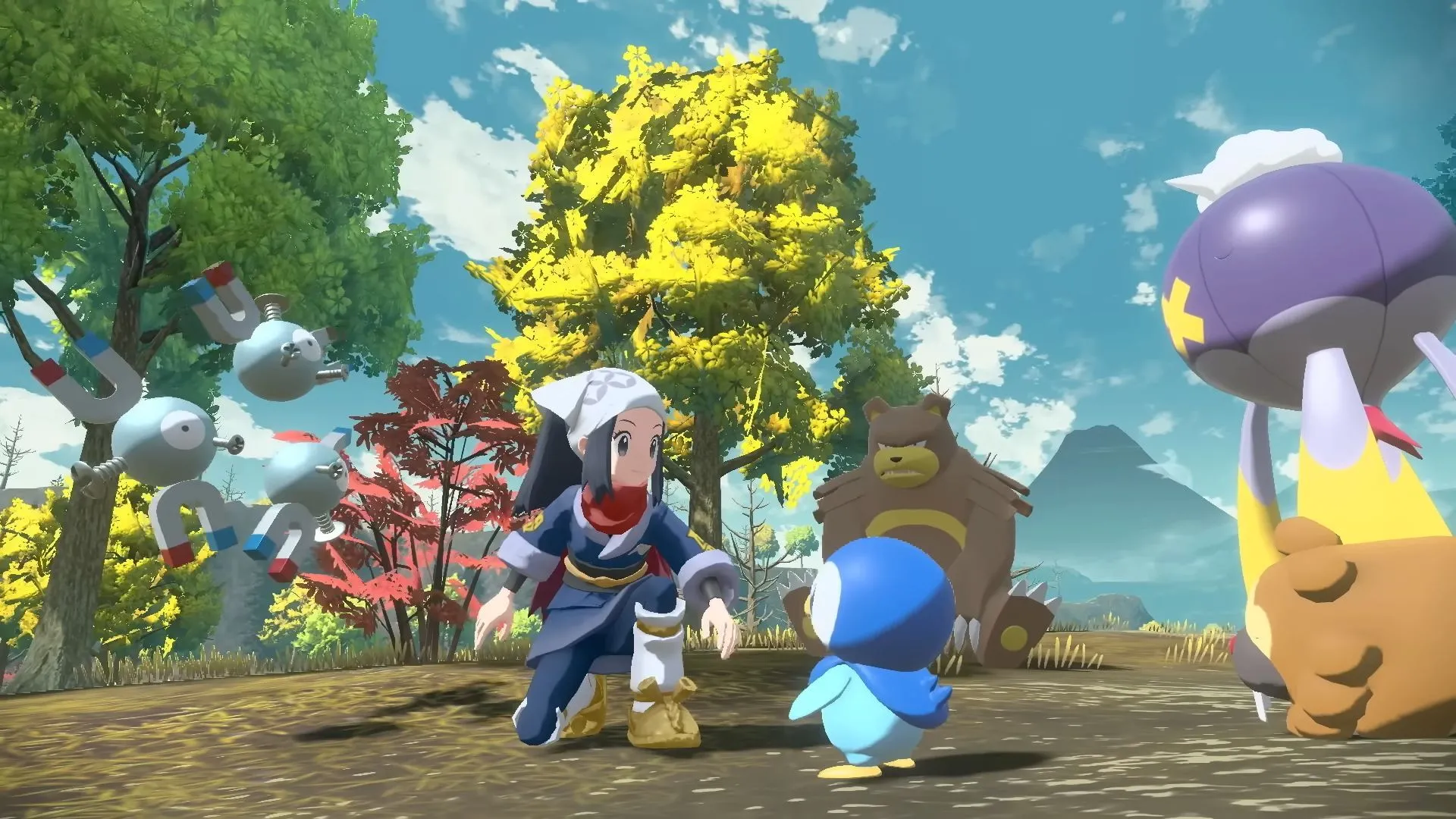 Akari tương tác với Pokémon hoang dã trong cuộc chơi, minh họa yếu tố thao tác thời gian thực của Legends series