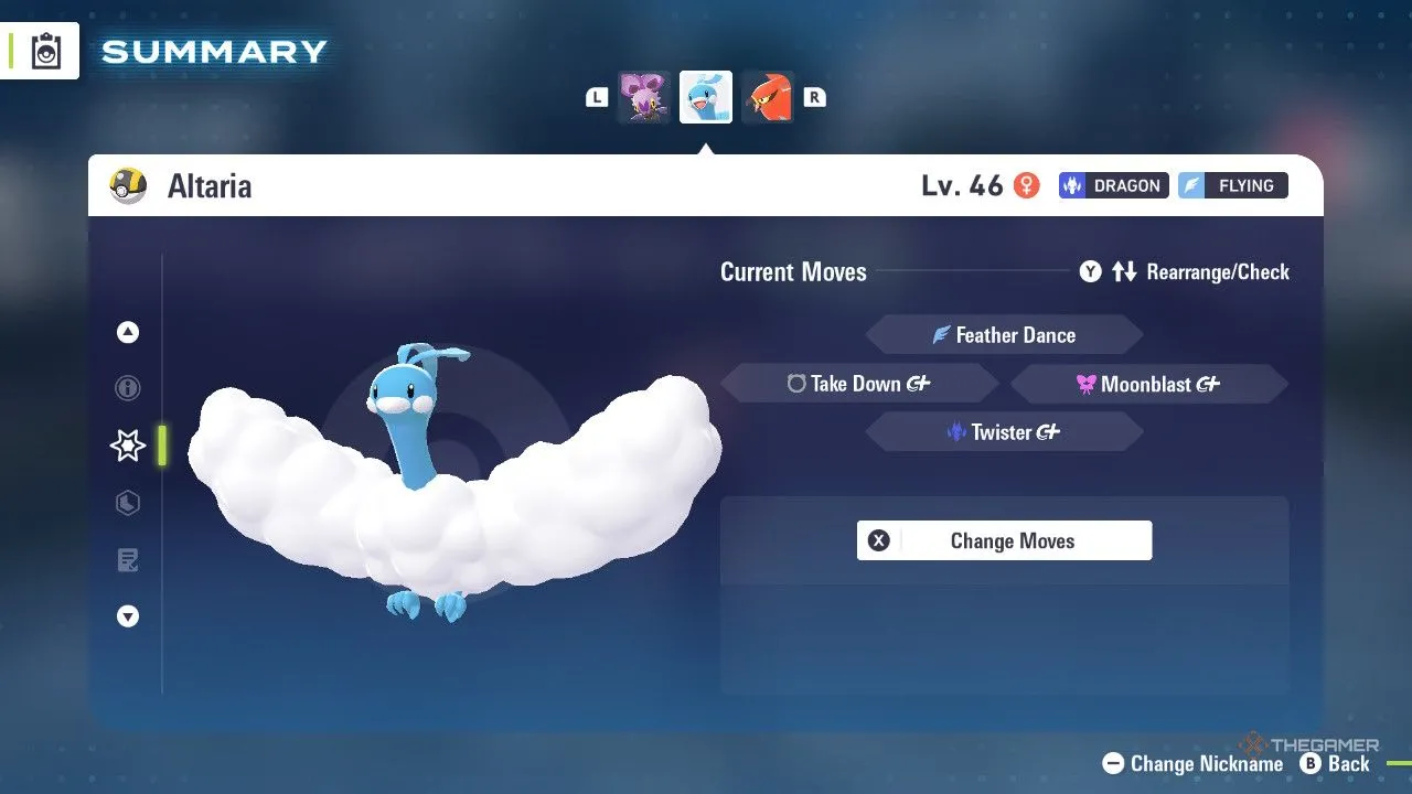 Altaria trong menu Pokémon Legends Z‑A, cho thấy sự kết hợp Dragon và Flying giúp gia tăng khả năng chống chịu