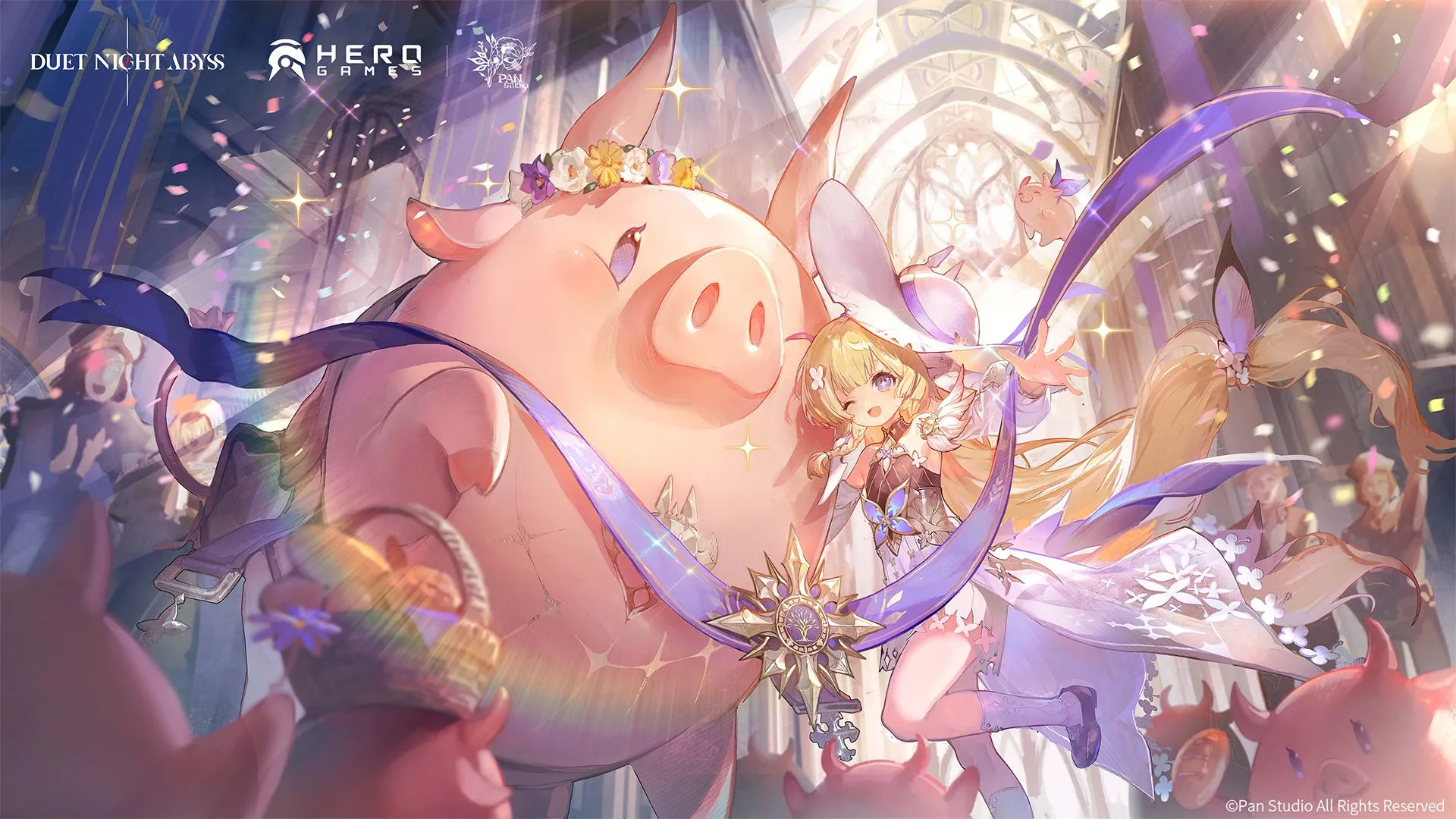 Ảnh banner Duet Night Abyss với biểu tượng và thời gian phát hành, minh hoạ sự kiện ra mắt của DNA