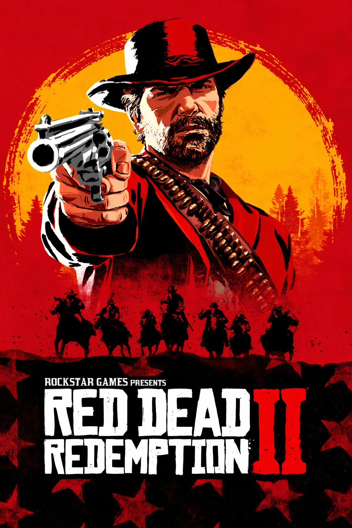 Ảnh bìa Red Dead Redemption 2 với cảnh hoang dã và kỵ binh, mô tả trải nghiệm game thế giới mở phong cách cao bồi