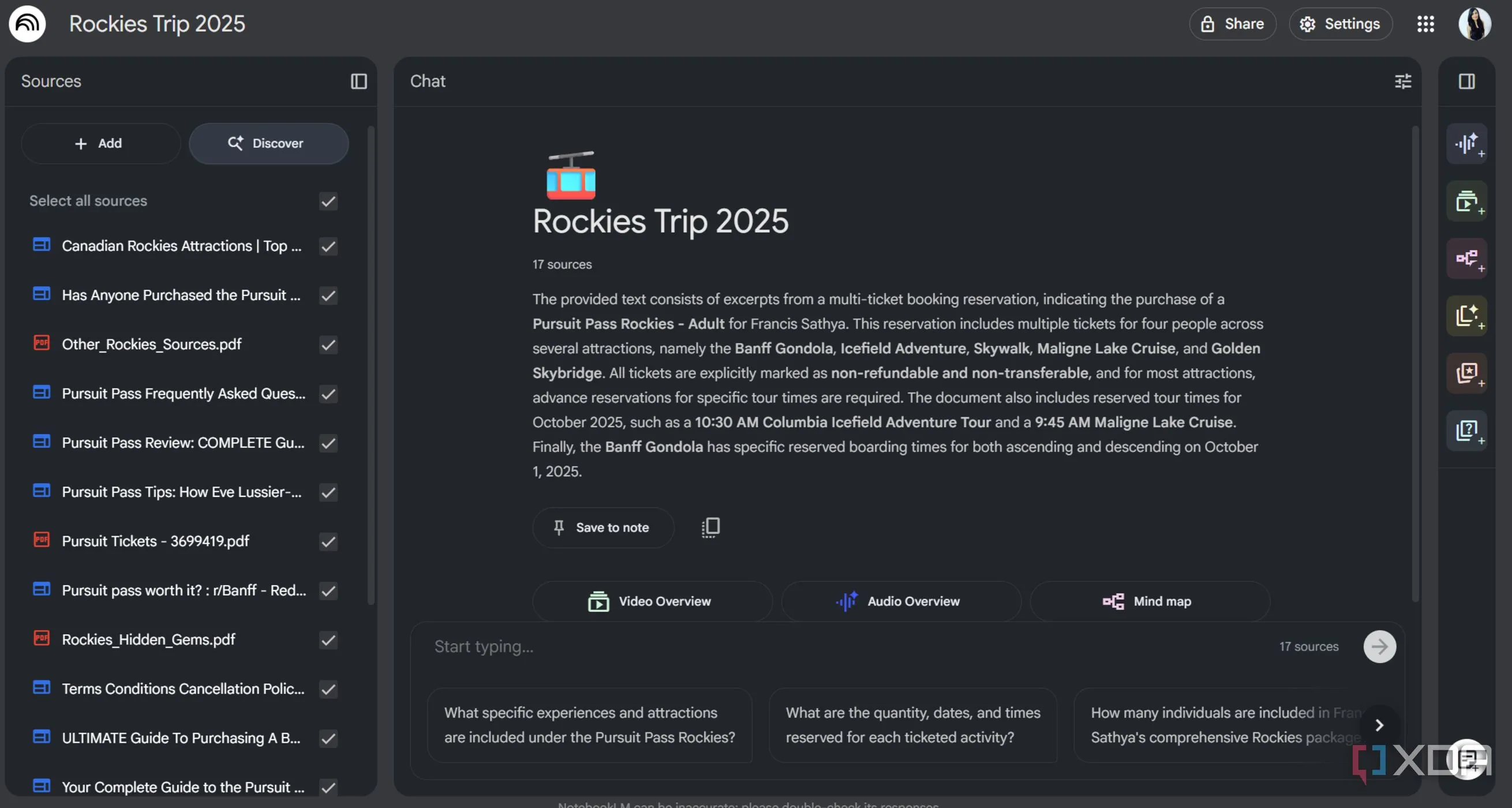 Ảnh chụp màn hình NotebookLM hiển thị gợi ý nhà hàng gần khách sạn ở Banff