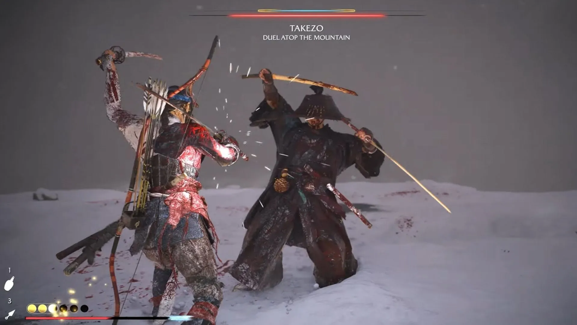 Atsu đối đầu Takezo trên đỉnh Mount Yotei, cảnh nền tuyết phủ và không gian rộng mở