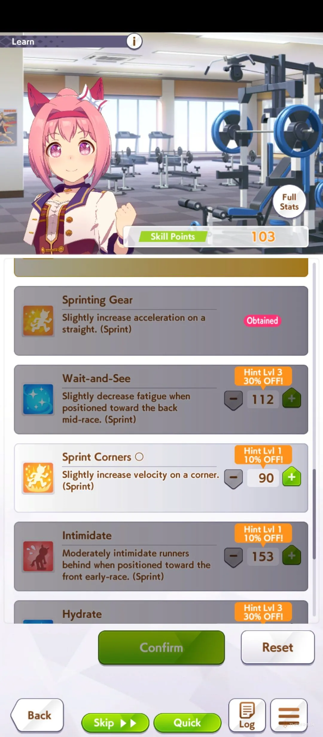 Bảng kỹ năng Haru Urara trong Umamusume minh họa kỹ năng Sprint và phục hồi.