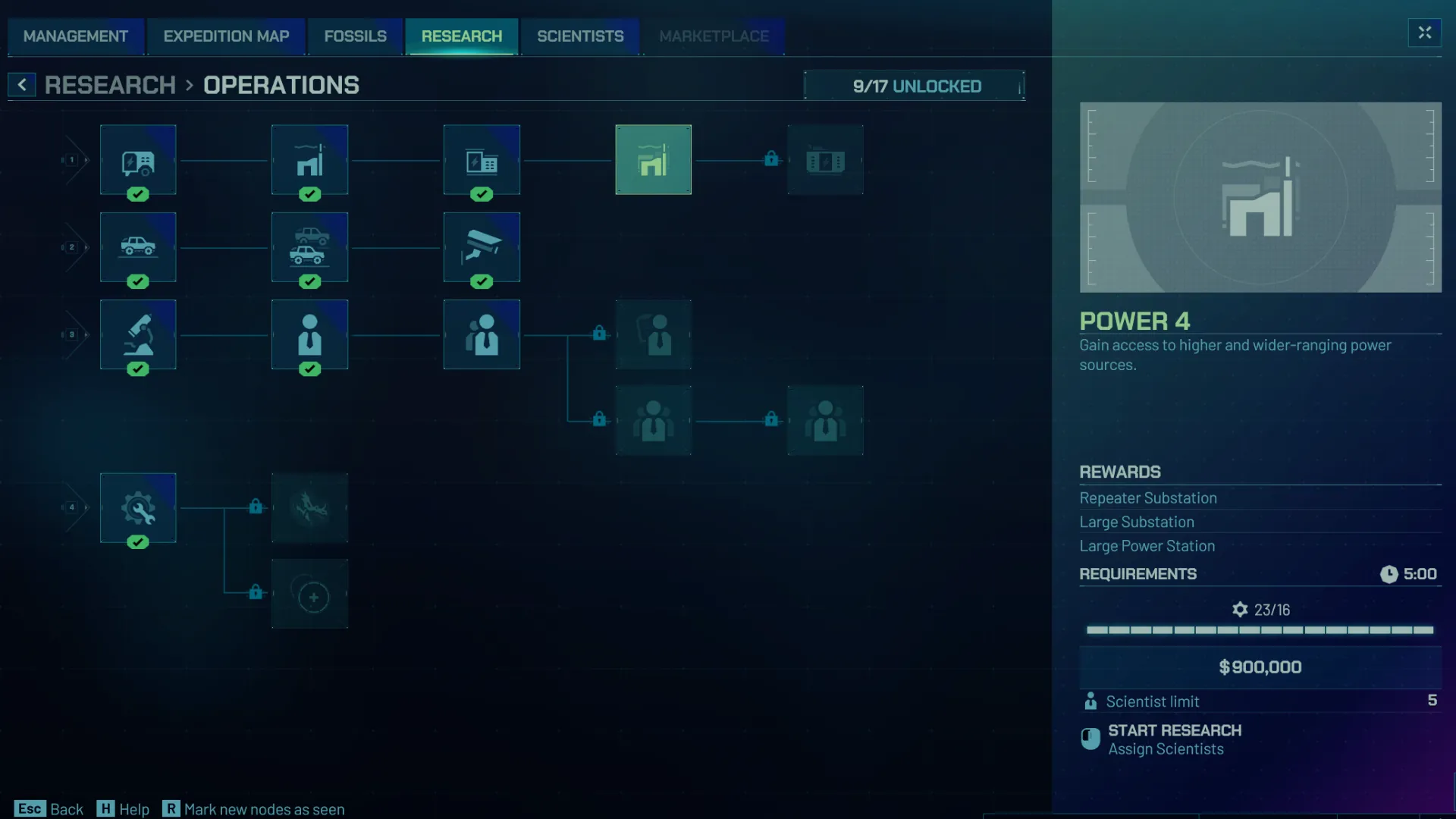 Bảng nghiên cứu Power trong Jurassic World Evolution 3, hiển thị các nâng cấp Substation và Pylon