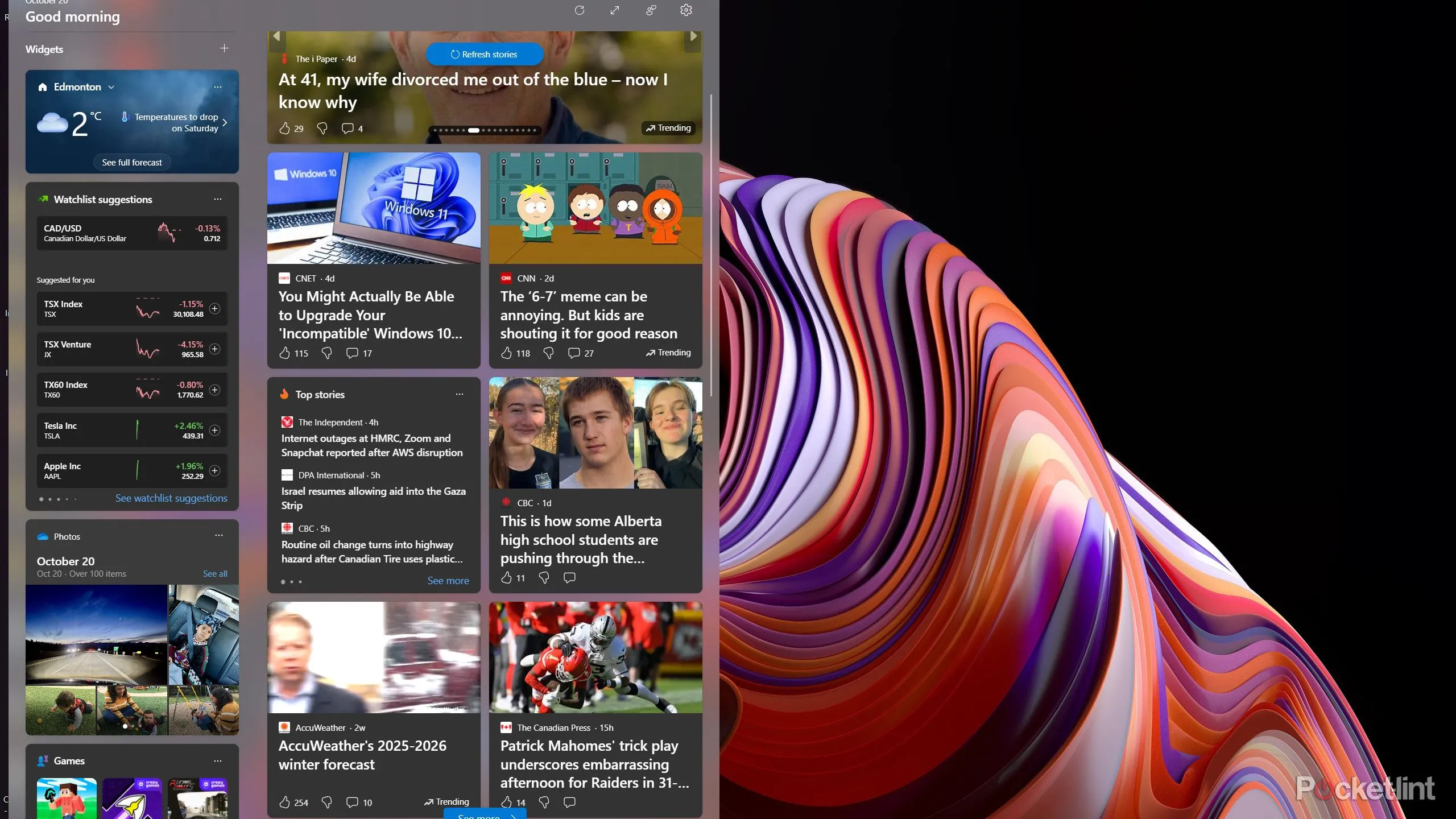Bảng Widgets trên Windows 11 hiển thị các mục tin tức và đề xuất game.