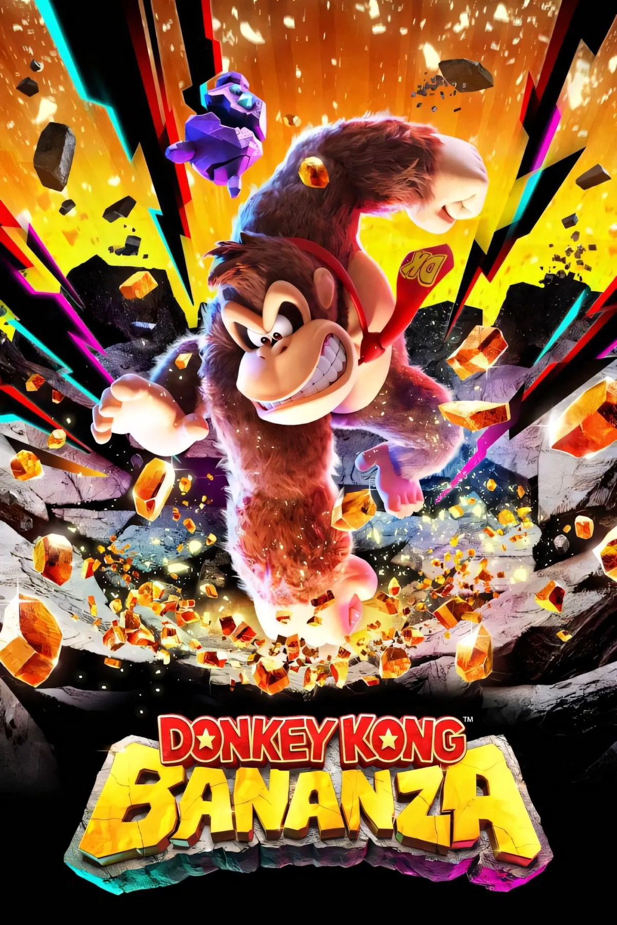 Bìa Donkey Kong Bananza với nhân vật DK trong tư thế di chuyển mạnh mẽ