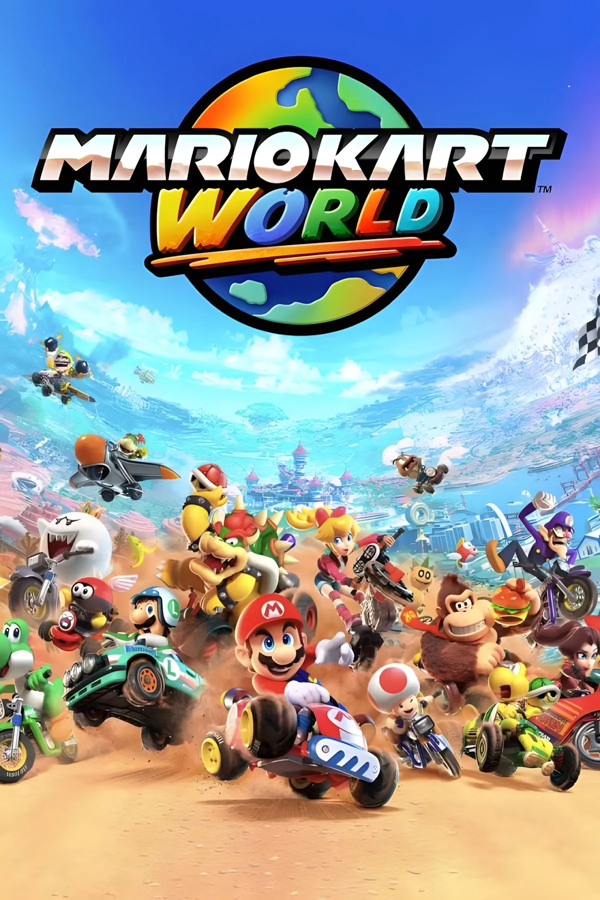 Bìa Mario Kart World, cảnh đua trong vùng mở với nhiều nhân vật Mario hóa trang