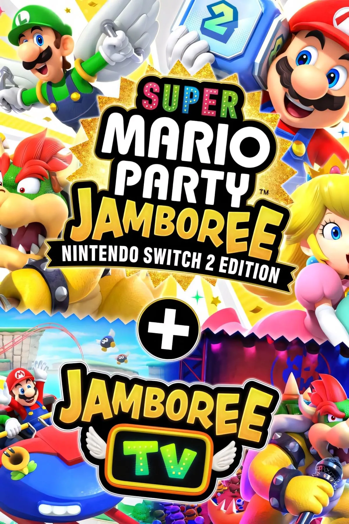 Bìa Super Mario Party Jamboree Switch 2 Edition, cảnh mini-game gia đình với camera và điều khiển chuột, nhấn mạnh tính tương tác