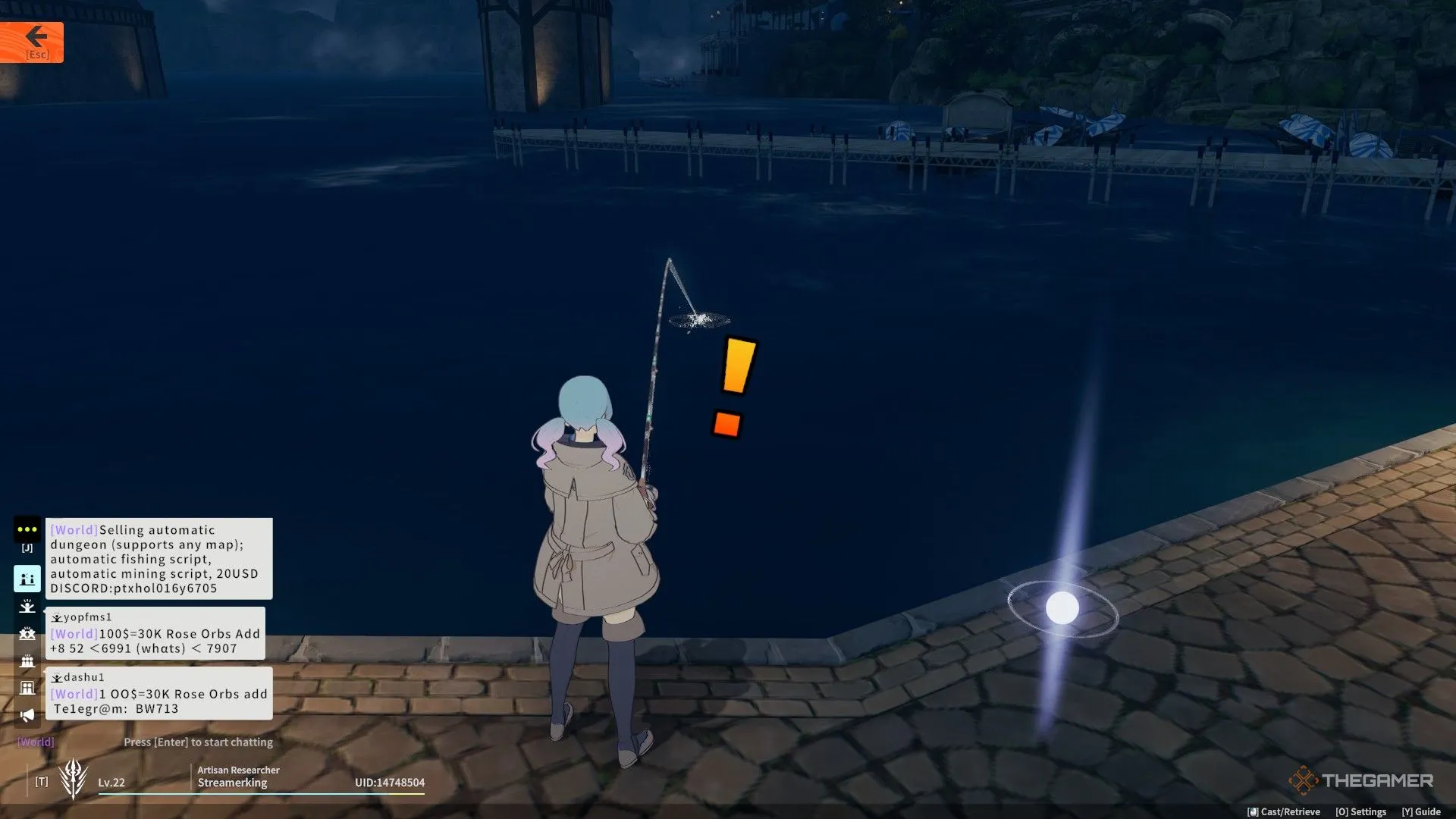 Biểu tượng chấm và dấu chấm than báo bắt được cá trong Blue Protocol Star Resonance