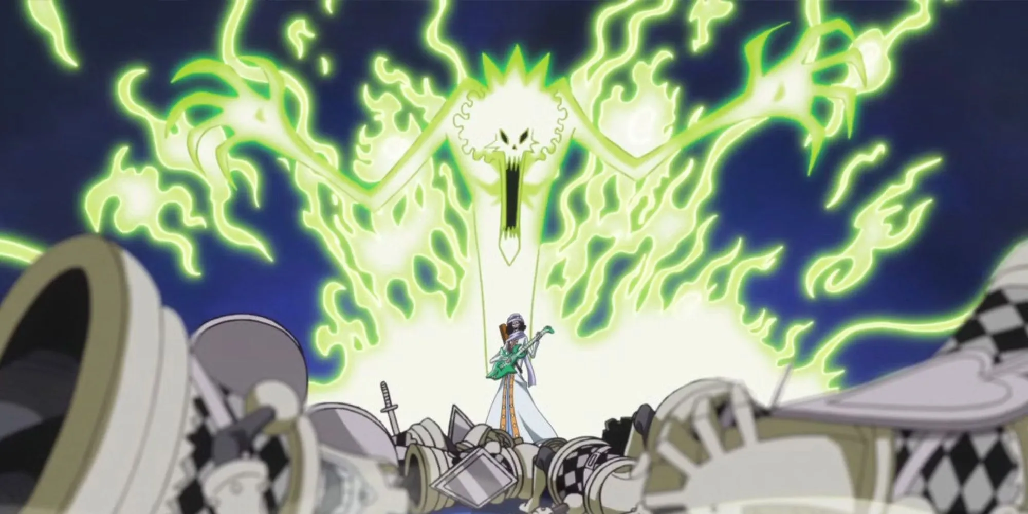 Brook dùng năng lực trái ác quỷ trong trận chiến, có thể kết hợp Haki vũ trang để tăng sát thương