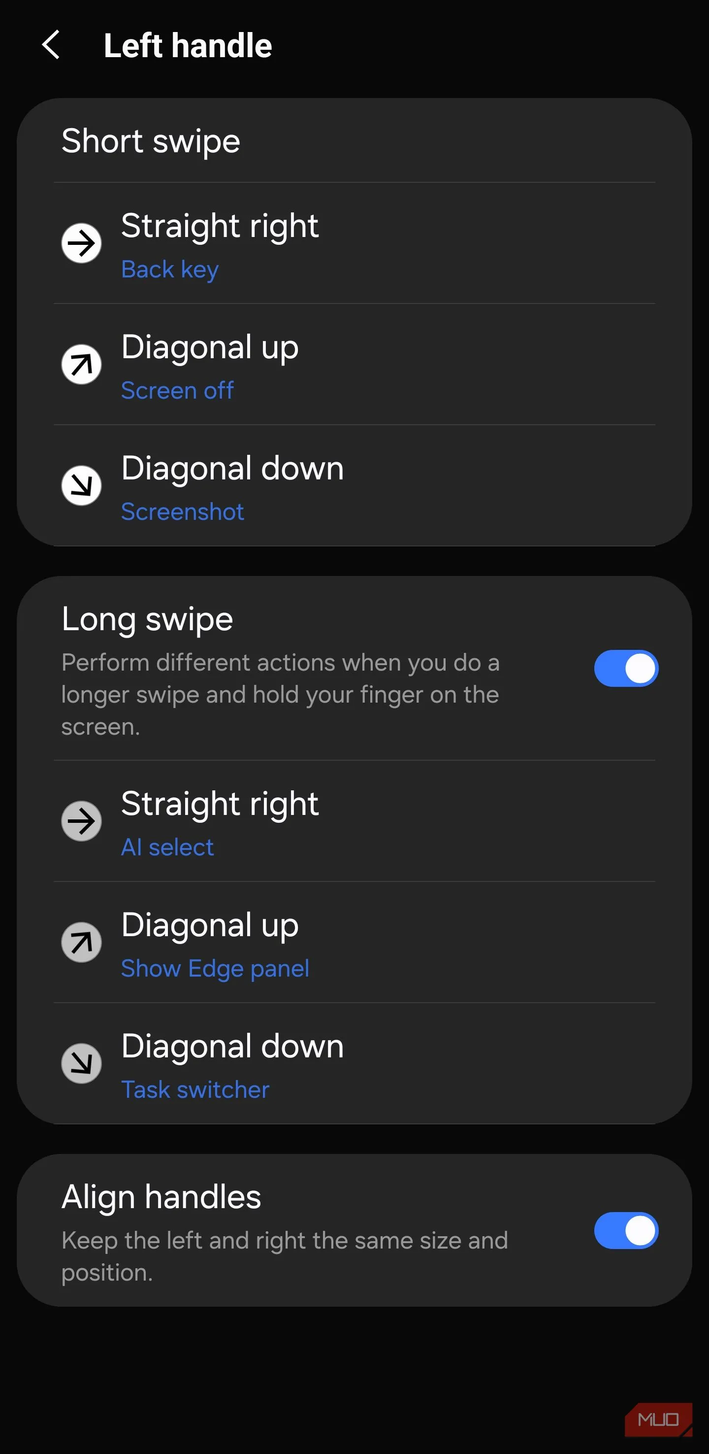 Các tùy chọn cử chỉ tay trái trong One Hand Operation +