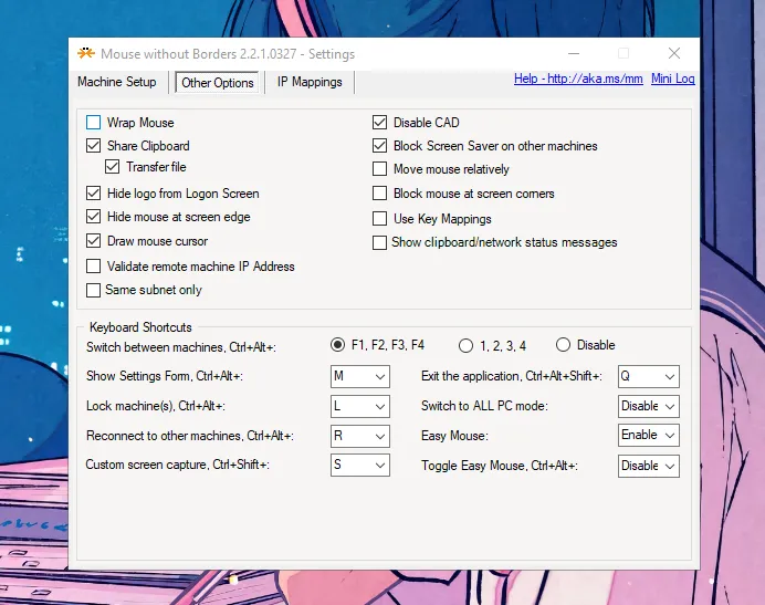 Các tùy chọn khác của Mouse Without Borders, bao gồm chia sẻ clipboard và kéo-thả file.