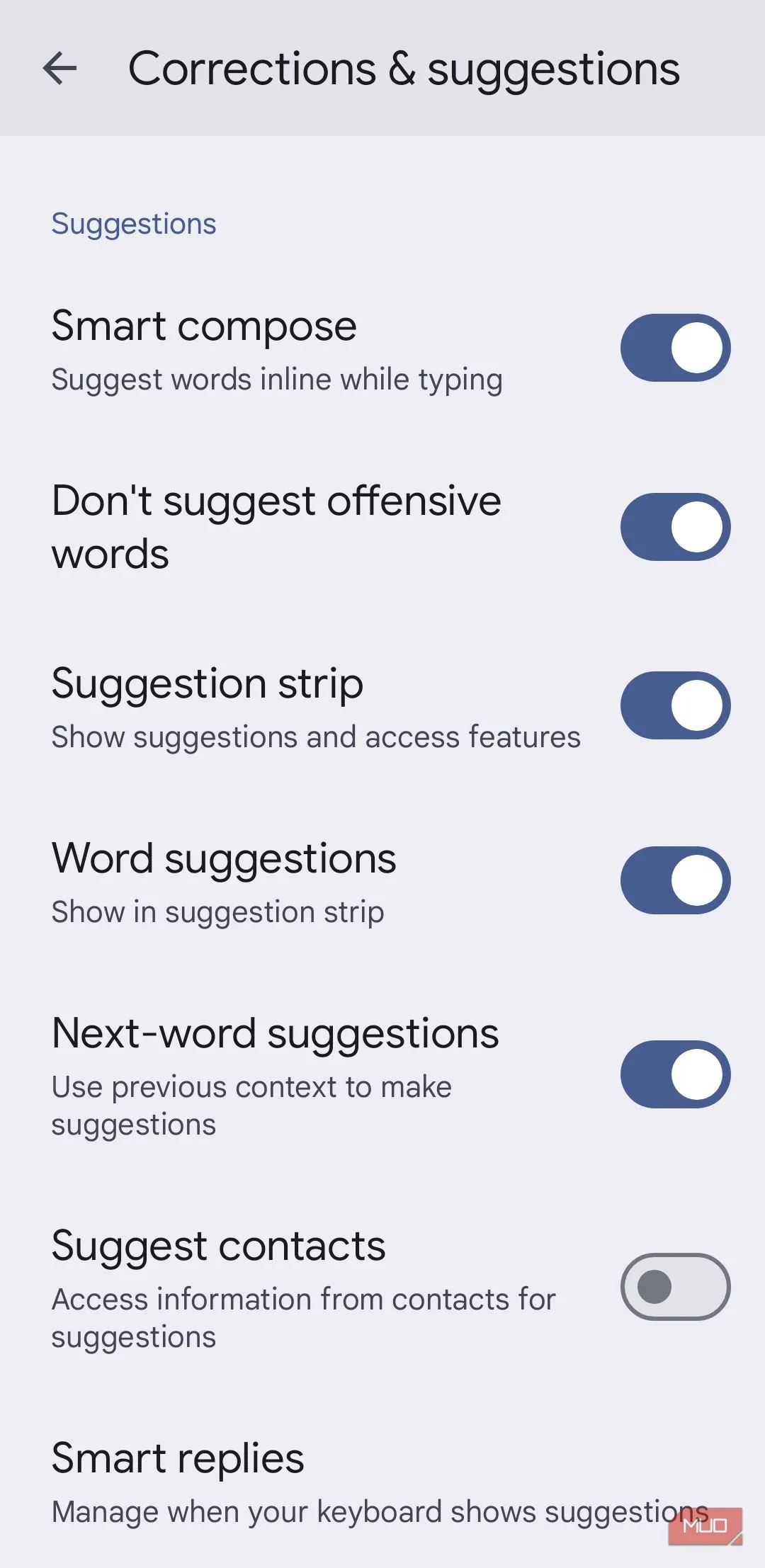 Cài đặt Text Correction giúp tinh chỉnh đề xuất và sửa lỗi