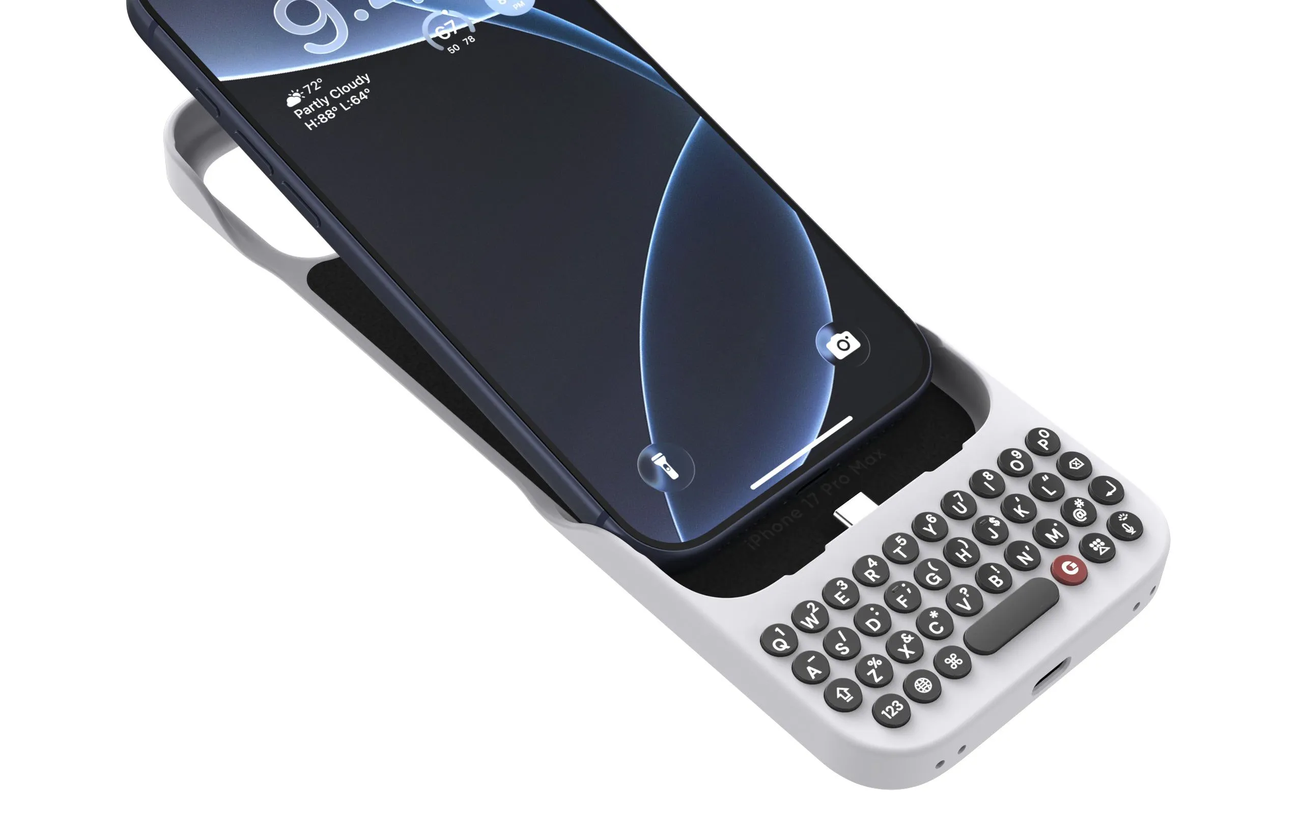 Case Clicks gắn trên iPhone 17, hiển thị bàn phím vật lý ở phần “cằm”.