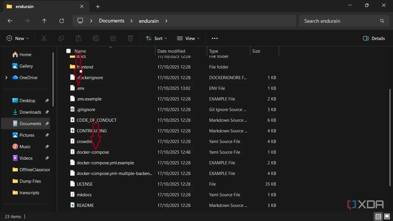 Cấu trúc dự án Endurain với file .env và docker-compose.yml trong thư mục cục bộ