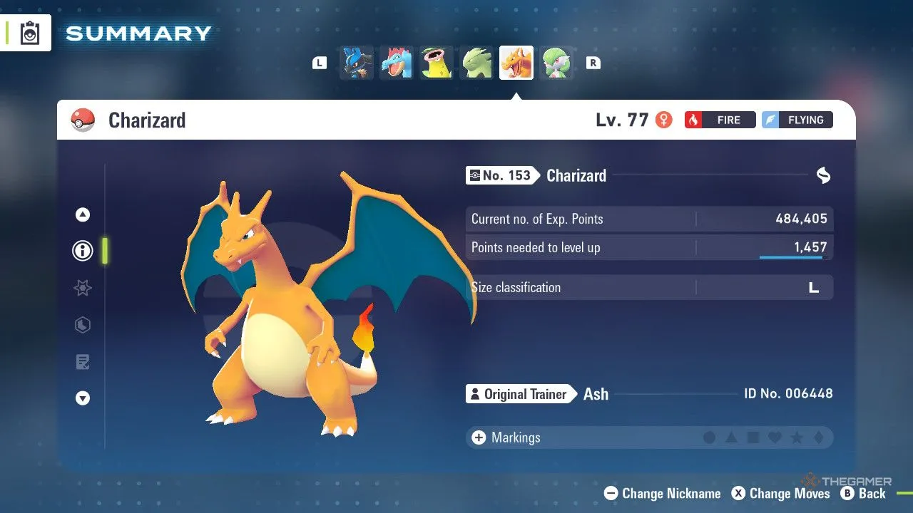 Charizard trong menu Pokémon Legends Z‑A, biểu tượng starter tiến hóa thành chiến binh hệ Bay với tiềm năng Mega mạnh mẽ